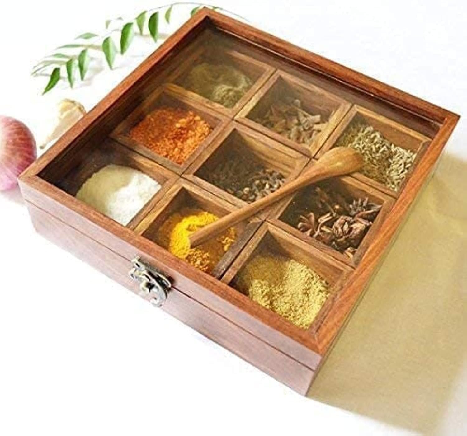 Acewood Storage Containers/Spice Box With Spoon In Sheesham Wood - Wooden Masala Box/Spice Rack Organizer/Spice Jars For Kitchen/Spice Containers/Diwali gift.