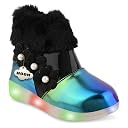 Hooh kids Girls LED Light Up Shoes cum Boots with Faux Fur Trim and Flower Applique for 0 months to 12 Years (For Greater than 5 years Age vs size chart in images) (Black, UK Footwear Size System, Toddler, Age Range, Medium, 12 Months, 18 Months) gallery image