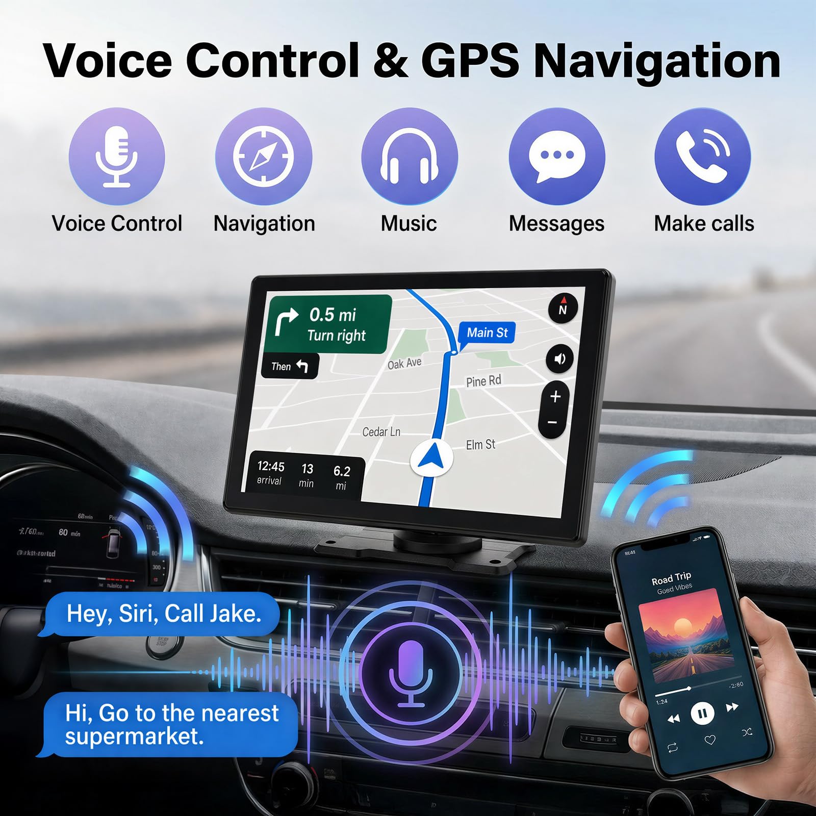 Schermo 9 Pollici Wireless CarPlay Portatile con Bluetooth FM AUX, Touchscreen per Apple Android Auto, Controllo Vocale Navigazione GPS Mirror Link per Tutti i Veicoli