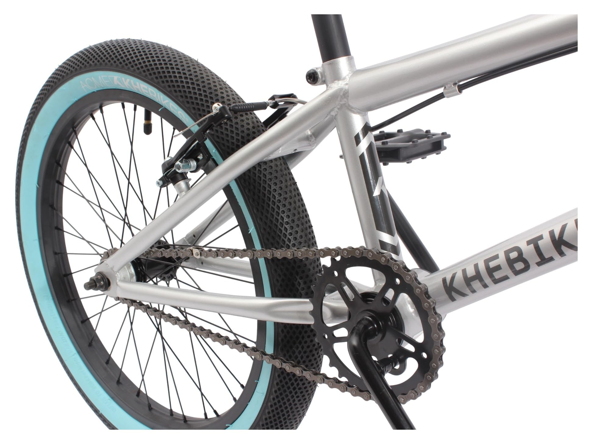 KHE Park Vélo BMX 20", léger, 11,1 kg, Freestyle Bike pour débutants et confirmés, freins en V, tube supérieur de 19,5", argenté/turquoise, modèle 2025
