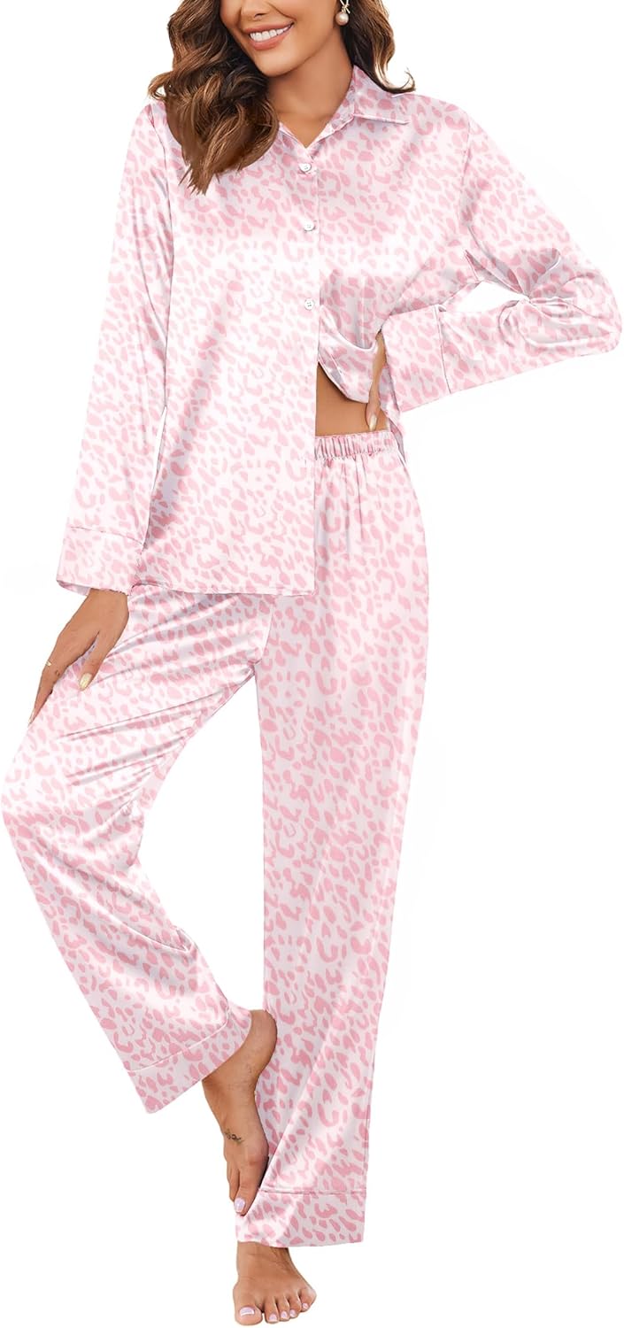 Ekouaer Classic Satin Pajamas for Women Long Sleeve Button Down Sleepwear Soft Silk Loungewear Pjs Set S-XXL