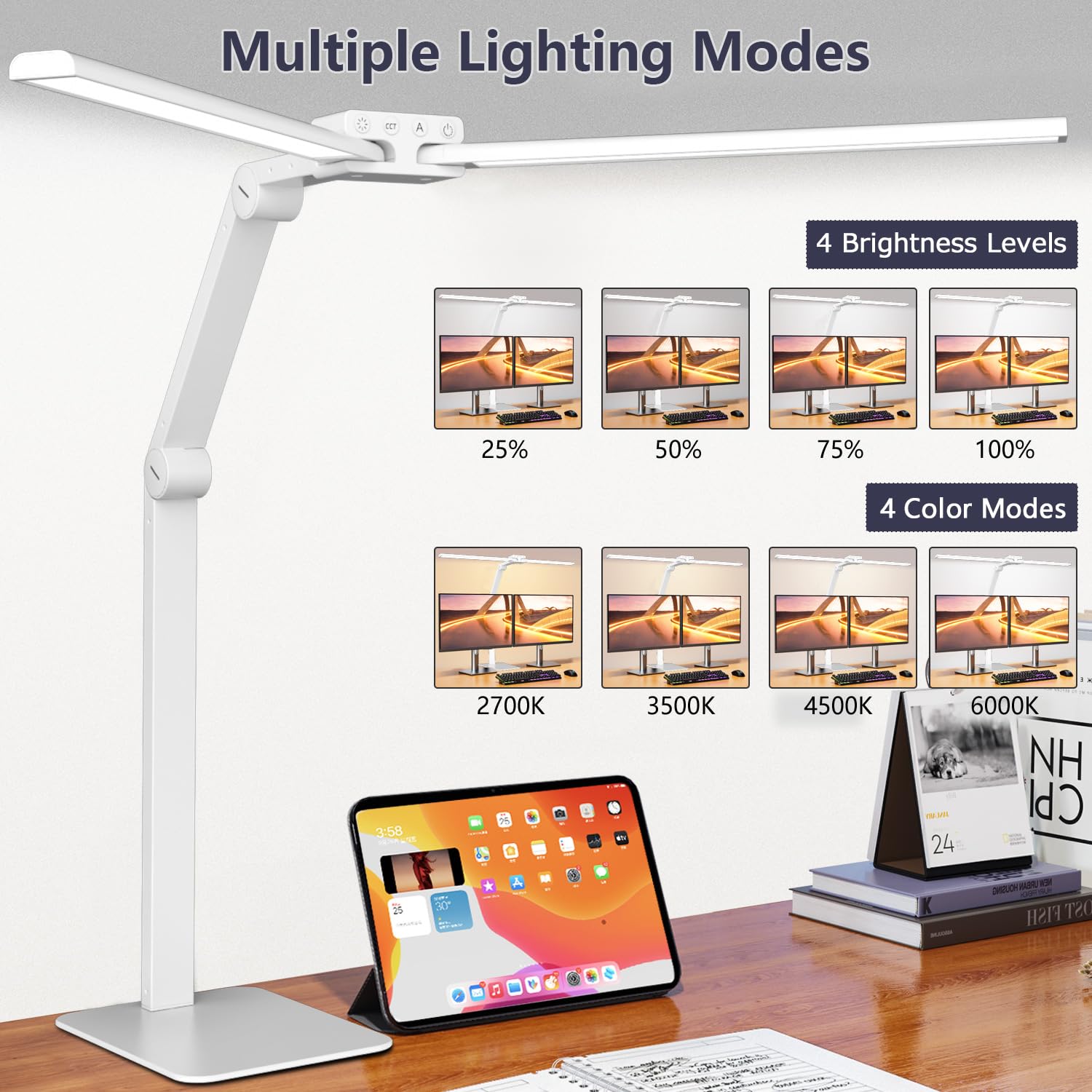 KableRika Lámpara Escritorio LED, 24W 80cm Flexo Escritorio de Doble Cabezal con Base, Luz de Arquitecto Regulable, luz monitor con Temporizador, 1200 lúmenes para Leer, Estudiar y Oficina en el Hogar