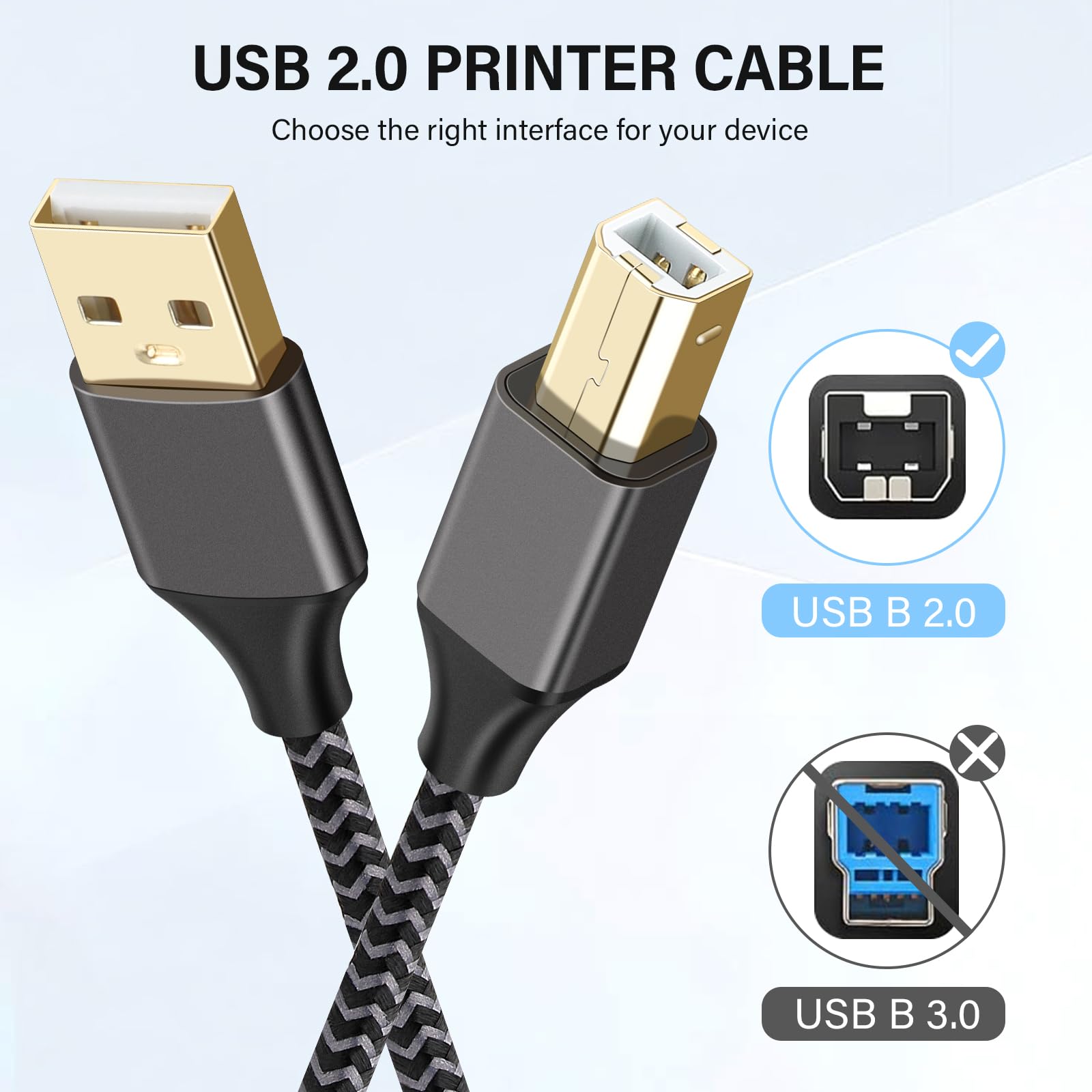 Câble d'imprimante USB A vers B en nylon tressé haute vitesse pour clavier, imprimantes et scanners (1 m)