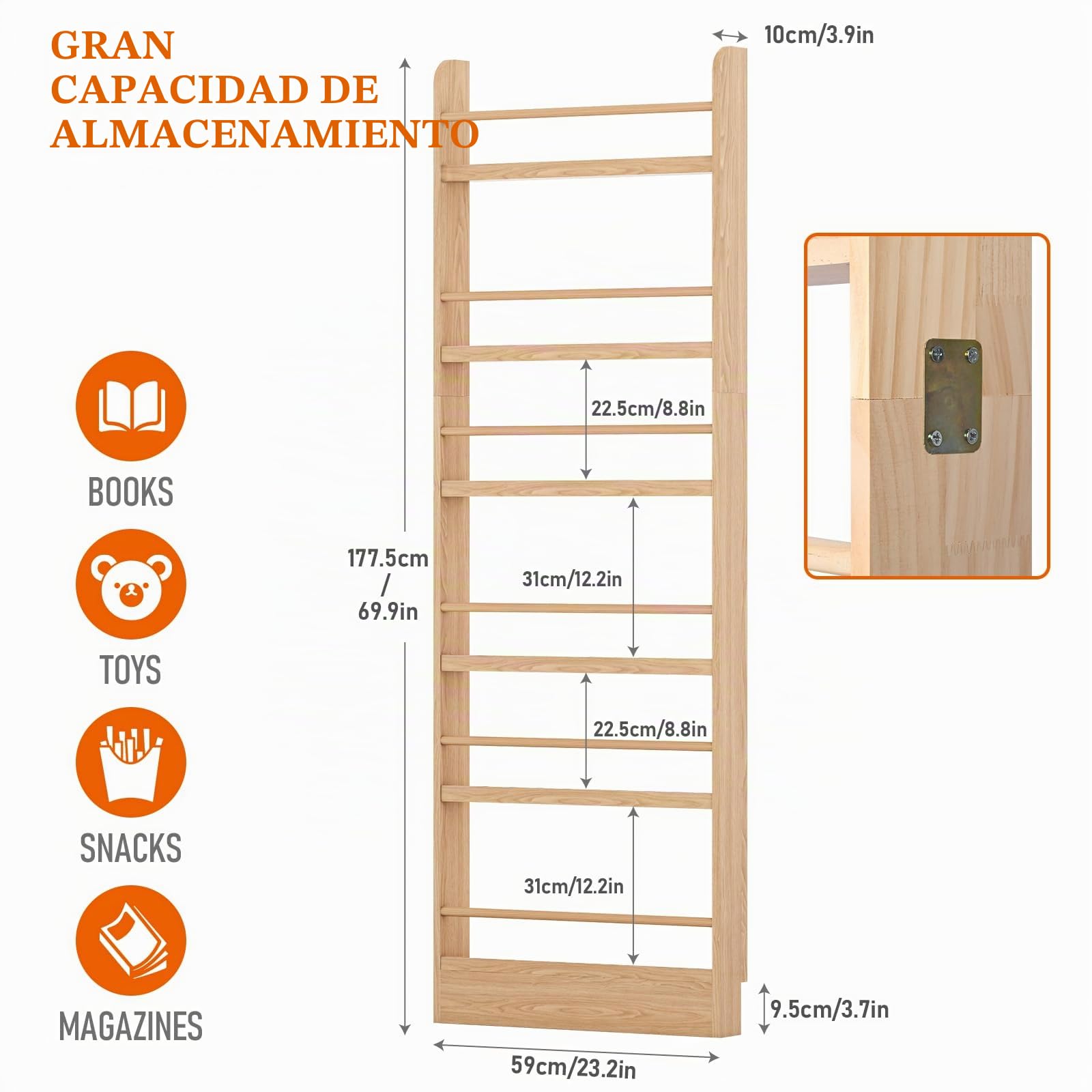 MYOYAY Estantería para niños detrás de la puerta, soporte de pared, organizador de 6 niveles para juguetes y libros, ahorra espacio, estantería estrecha de madera maciza