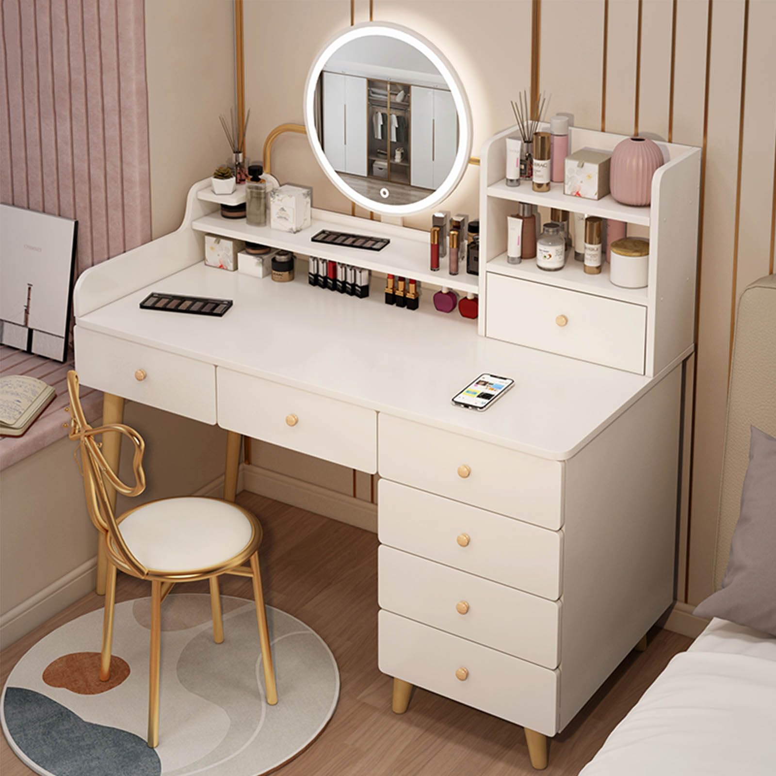 Amazon｜化粧台、ミラーとライト付きセット、クッション付きスツール