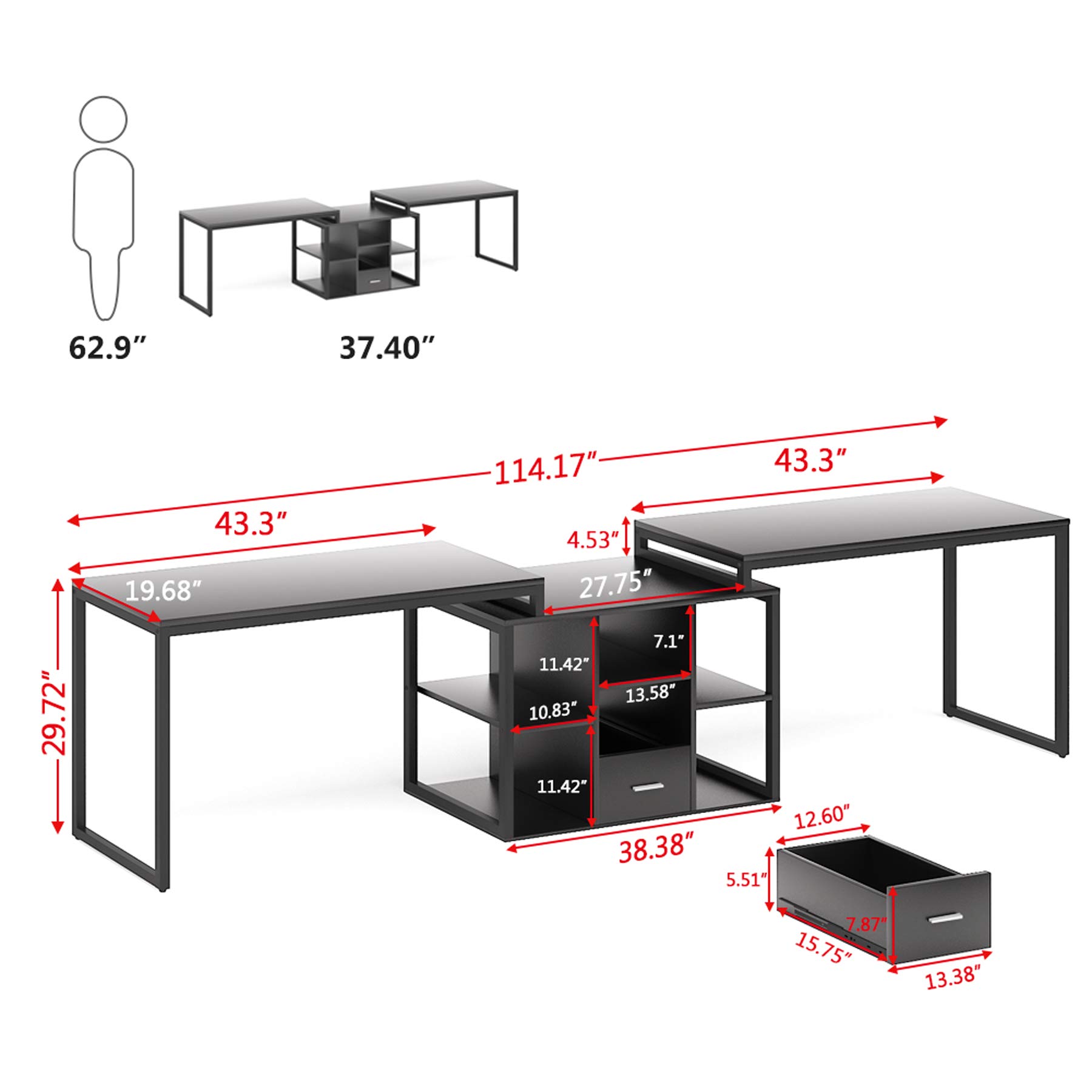Tribesigns 114 Inch Computer Desk for Two Person, Large Double