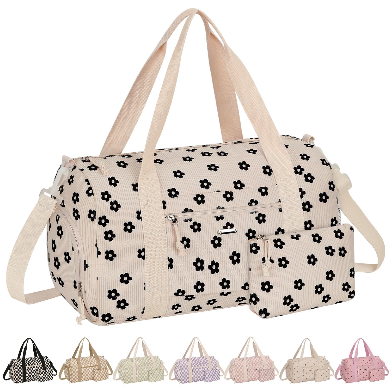 Vankor Gym Bag for Women, 17.5 inch Sports Duffle Bag with Shoe Compartment, Corduroy Black Flower, 17.5 inches, Stylish