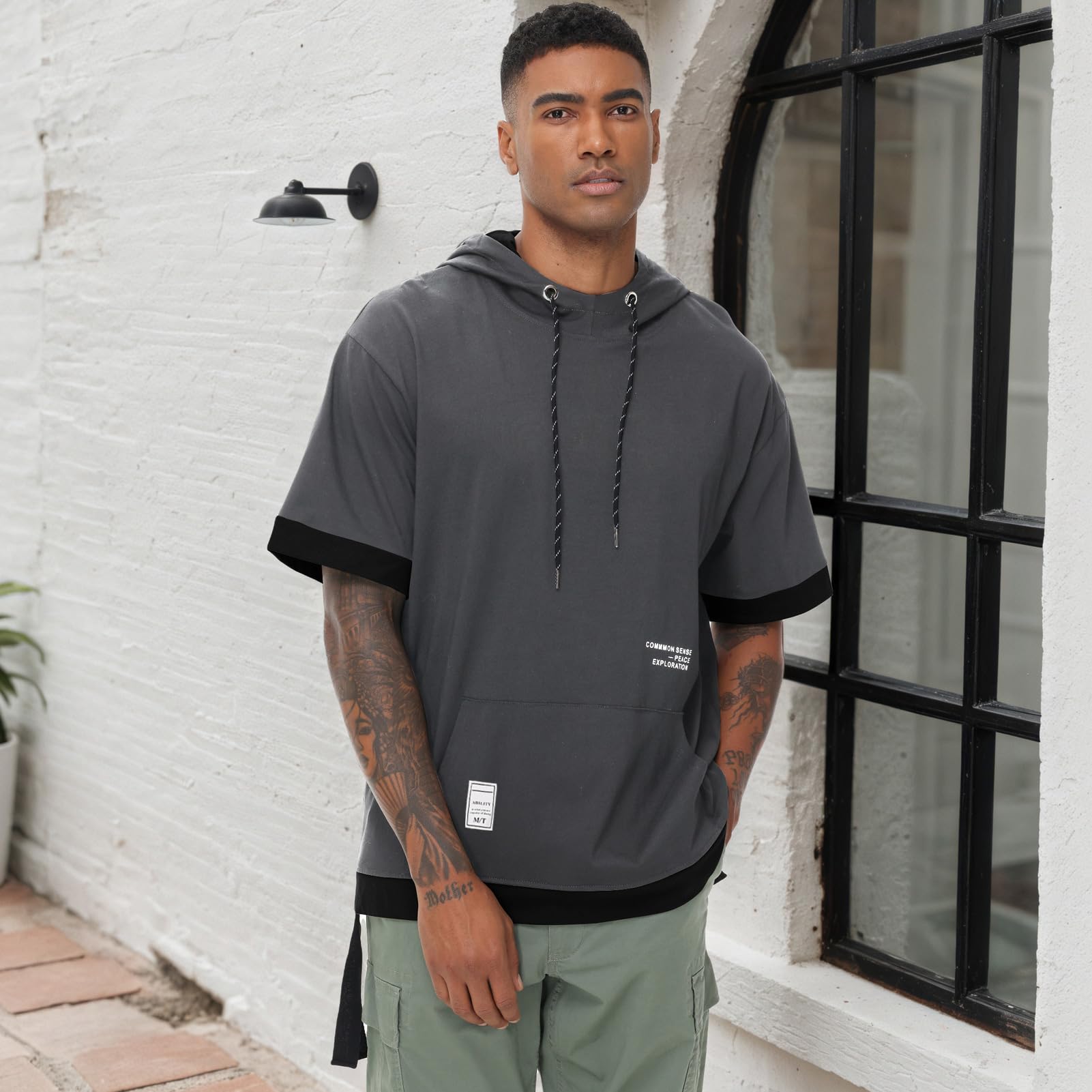 Sweat Manche Courte Homme Coton Tee Shirt à Capuche Color Block Pull à Capuche L'été Hoodie Sweatshirt