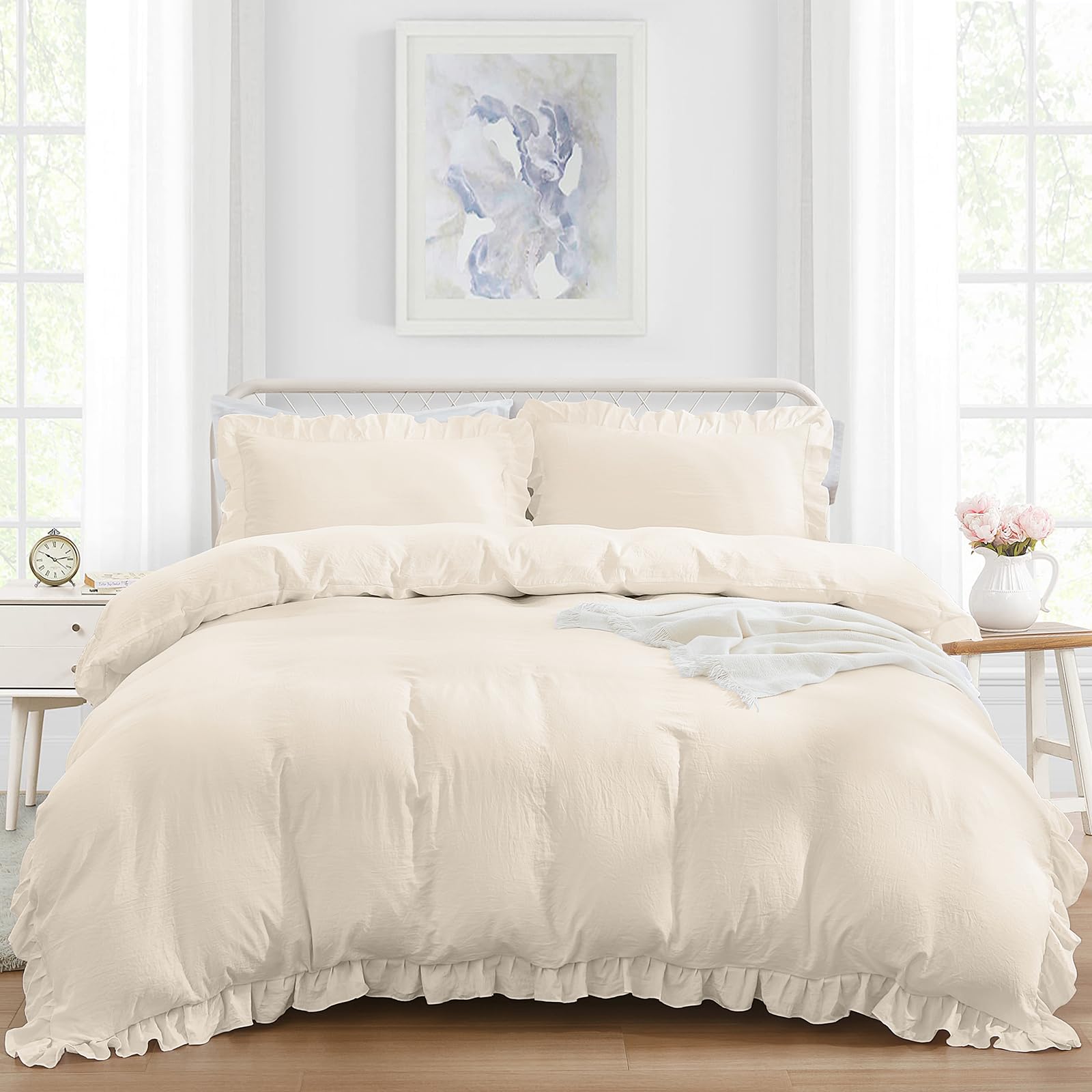 King Duvet Cover Set Beige,3 Pieces Ruffle Lightweight Bedding Set,Fluffy Soft Microfiber Bed Set(220x230 cm,2 Pillowcases) — image 1