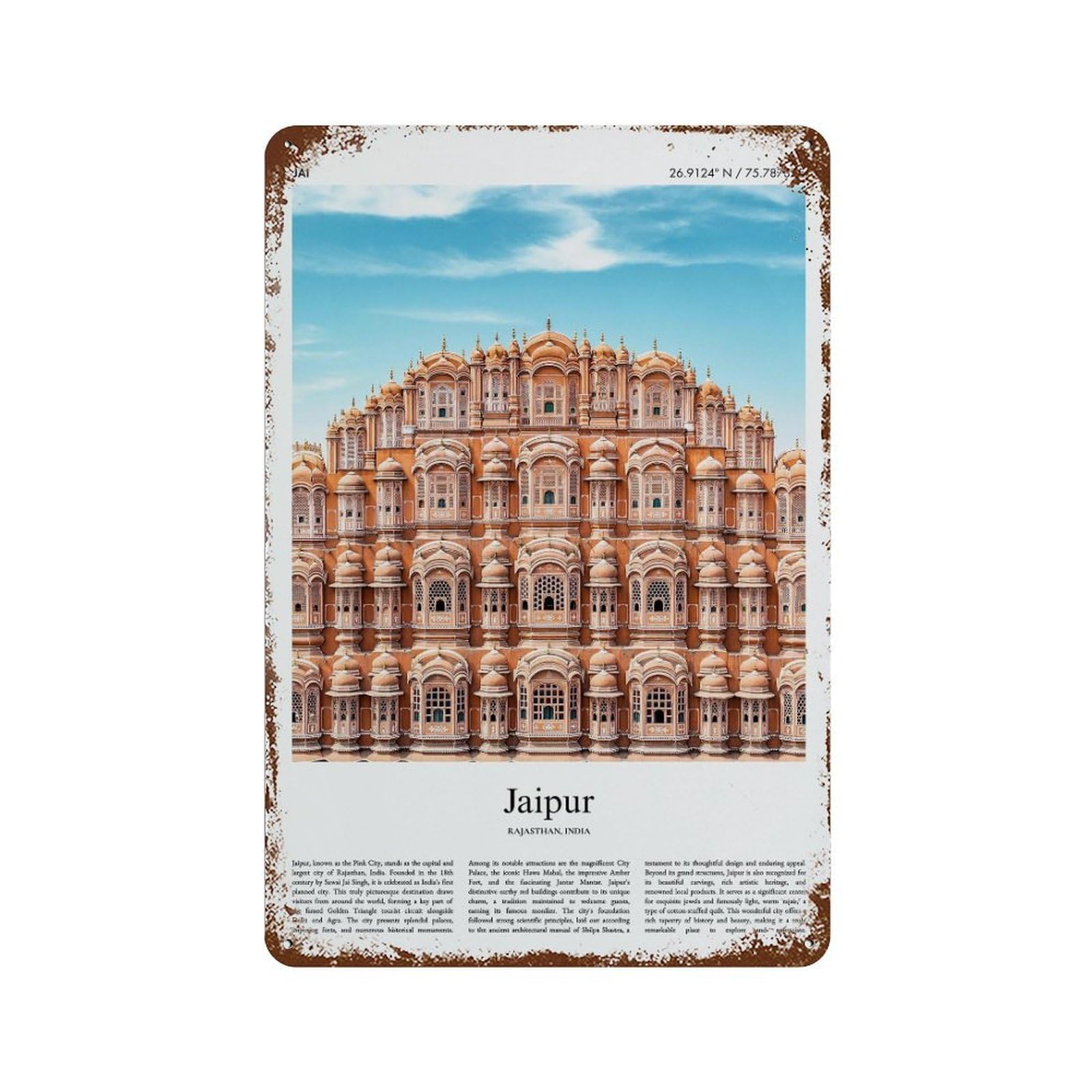 xiaoxiaoshen Jaipur Rajasthan, India City Scenery Wall Decor Art Metal Tin Poster Modern Home Decor Art Home Bar Shop Decorations Vintage Sign 30x20cm