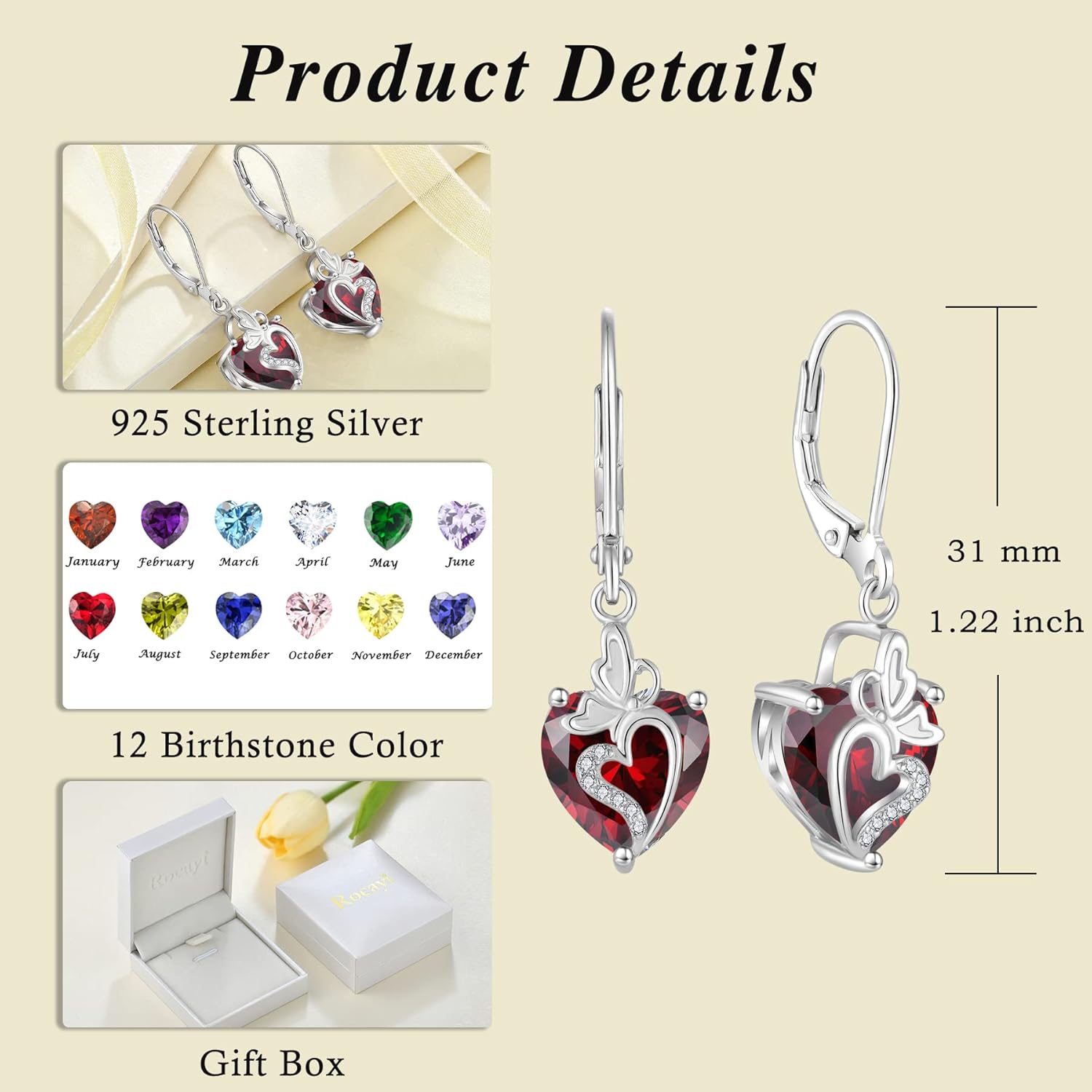 Butterfly Jewelry Set for Women 925 Sterling Silver Garnet Necklace and Earrings Set January Birthstone Jewellery Gifts for Her - Image 5