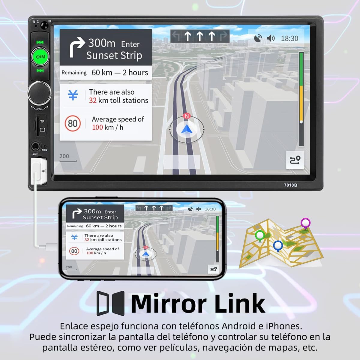 Car stereo screen displaying a navigation app, with a smartphone below showing the same content via Mirror Link.