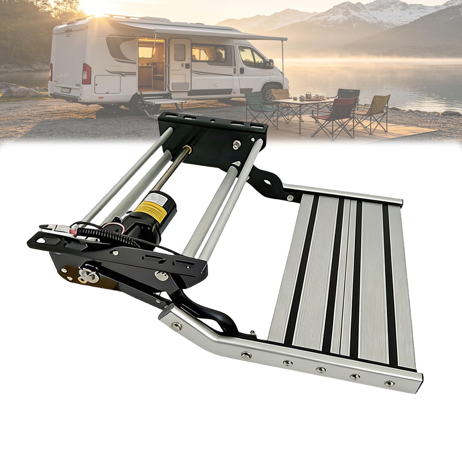 ALSUP Folding RV Entry Step Aluminum Anti-Slip with LED Light 440LBS Capacity Single-24V