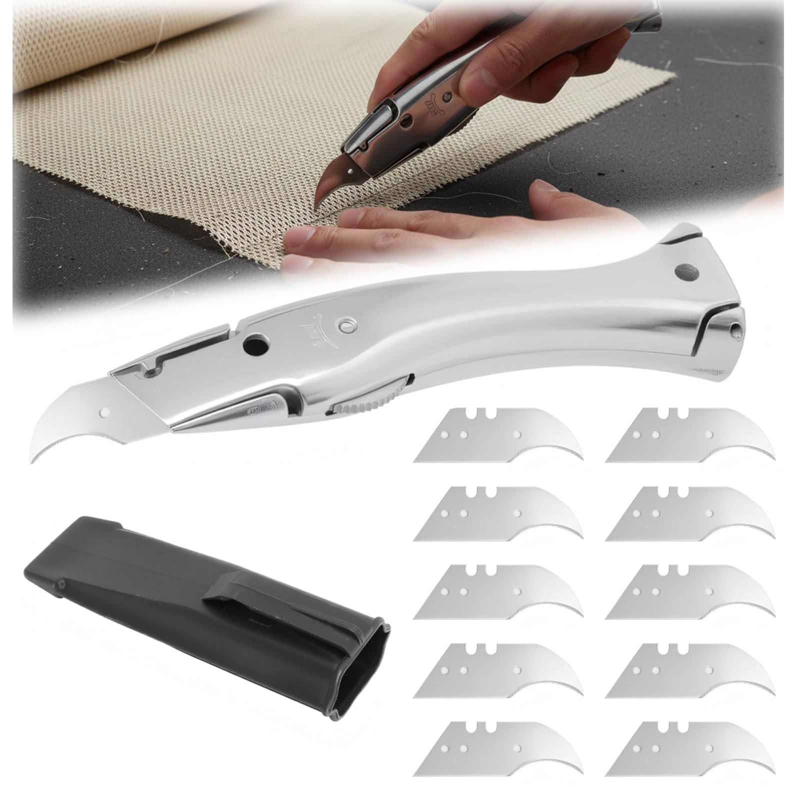 Professional Cutter with Sheath and 10 Blades, Safety Cutter with Hook Blade, Delphin Knife for PVC Flooring and Cables