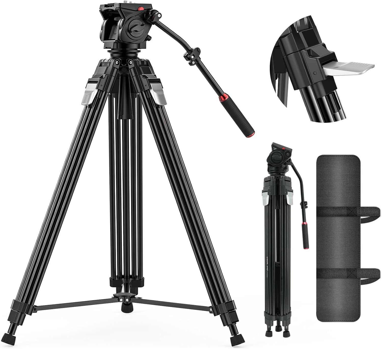 Takerers 74.8in/190cm Video Tripod with Fluid Head 360One-Step Max HeightAluminum Alloy Heavy Duty Tripod for Camera DSLR, Professional Video Camera with Damping Adjustable,Qr Plate, Max Load 33lbs