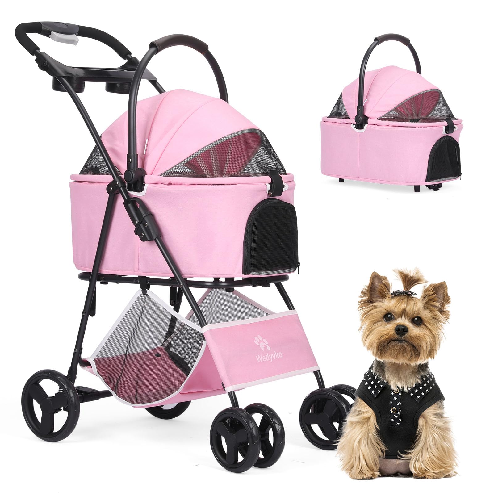 Haustier-Kinderwagen, Faltbarer Katzen-Hunde-Kinderwagen, Haustier-Hunde-Kinderwagen mit Aufbewahrungskorb, 360° Vorderrad Hinterrad mit Bremse, Leichter Reise-Kinderwagen (Rosa-P02C)