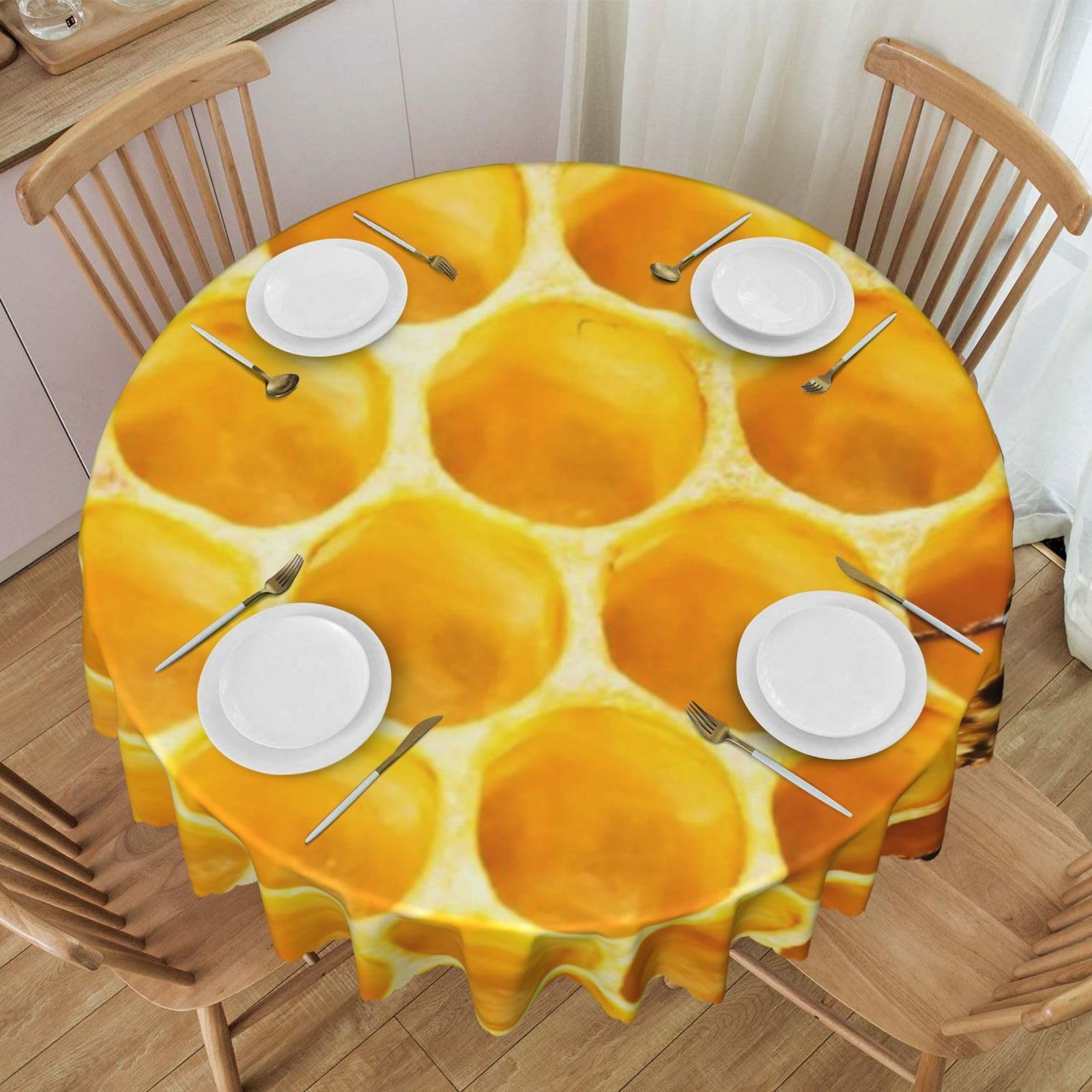 DCEHGEW 60 In Round Tablecloth with Lace, Wildlife Bees Printed Oilproof & Washable Fabric Picnic Table Cloth Table Covers