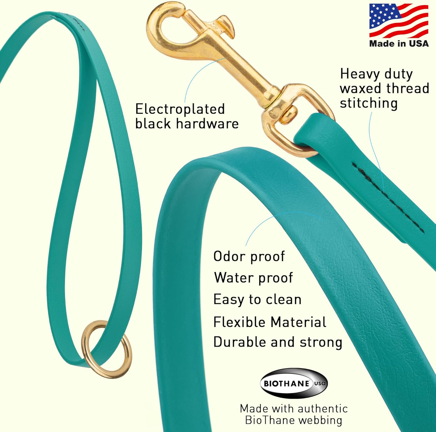 Viper Biothane K9 Working Dog Leash Waterproof Lead for Tracking Training Schutzhund Odor-Proof Long Line with Solid Brass Snap for Puppy Medium and Large Dogs 4ft, Blue Aqua