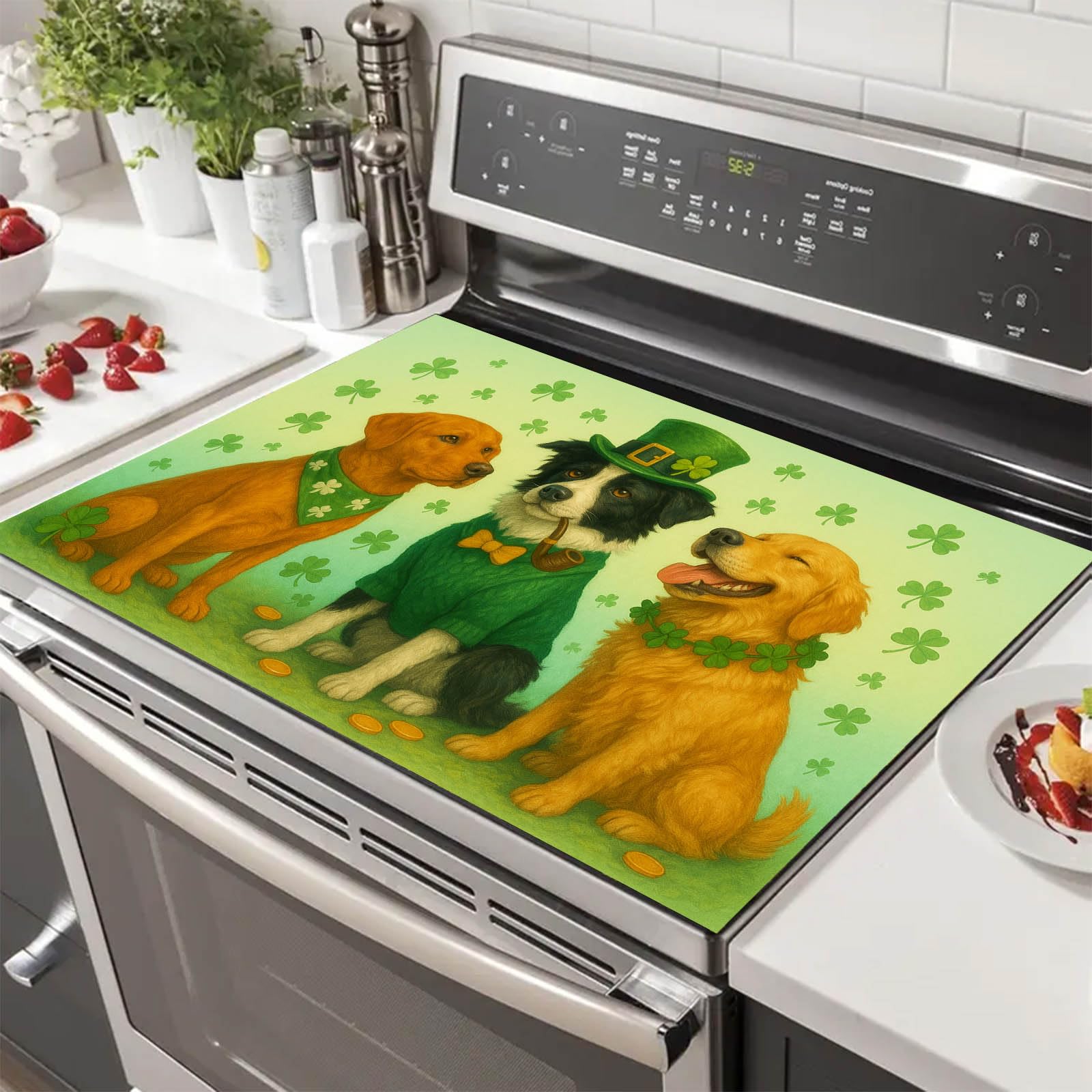 Dog St Patricks Day Stove Top Covers for Electric Stove 28x20 Inches Heat Resistant Glass Cooktop Protector Pad Decorative Stovetop Cover Kitchen Countertop Mat