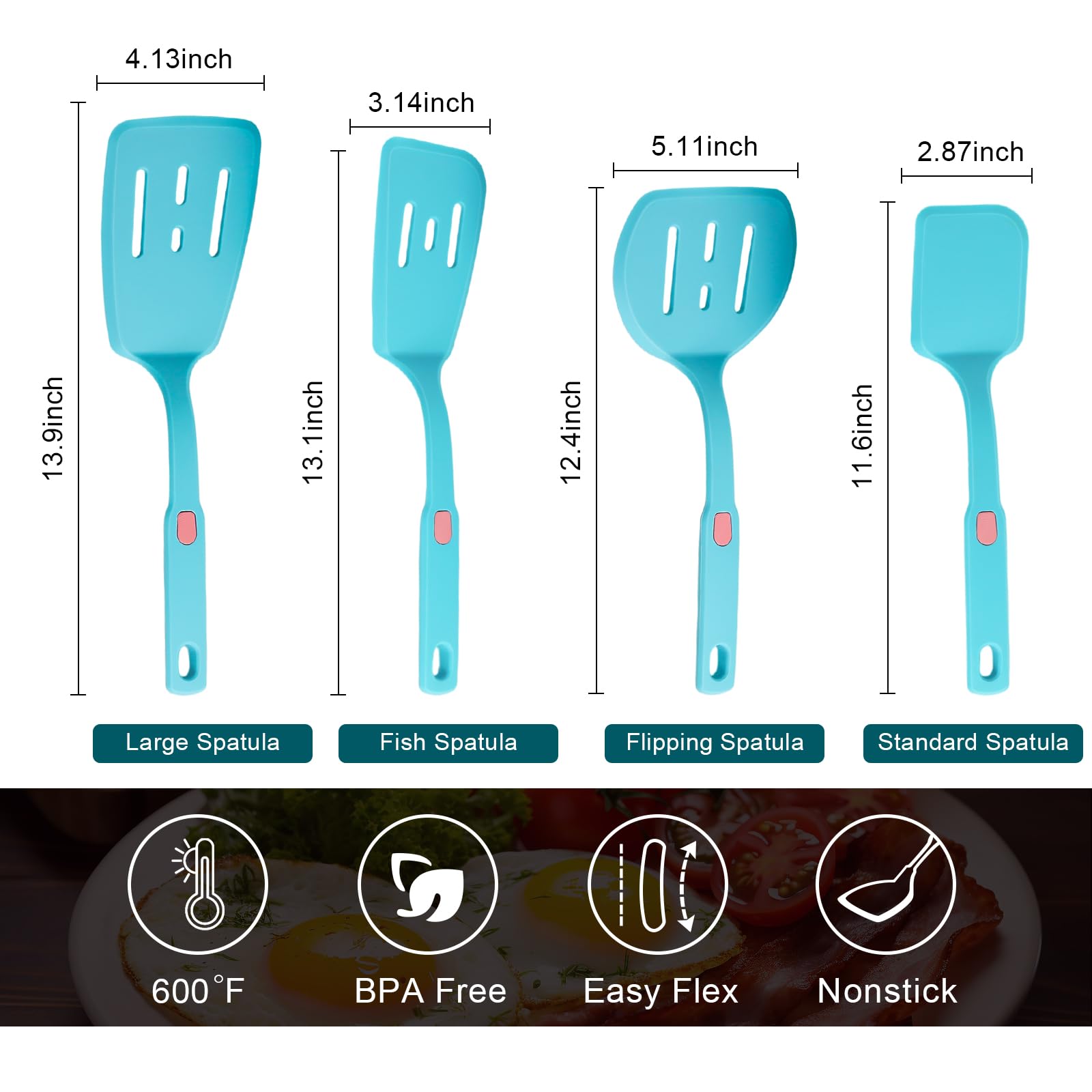 Silicone Spatula Turner, 4-Pack 600Â°F Heat Resistant Nonstick Spatulas Sets, BPA Free, Perfect for Turning Fried Eggs, Meat, Fish