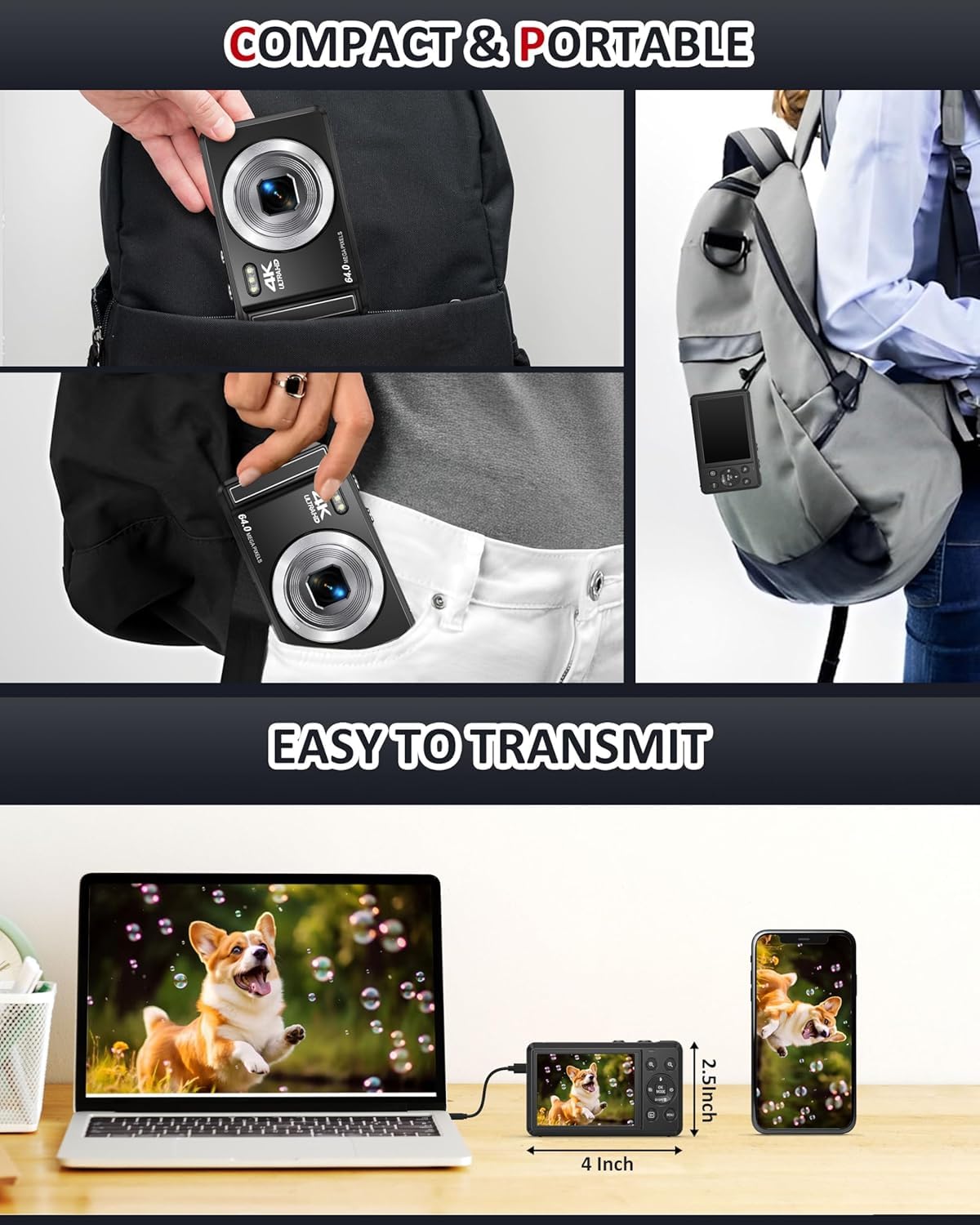 4K Digital Camera, 2.8 Inch 64MP UHD Compact Camera with 32GB Card, 1200mAh Battery, 16X Digital Zoom Mini Autofocus Vlogging Camera for Kids, Beginners, Teenagers — view 6