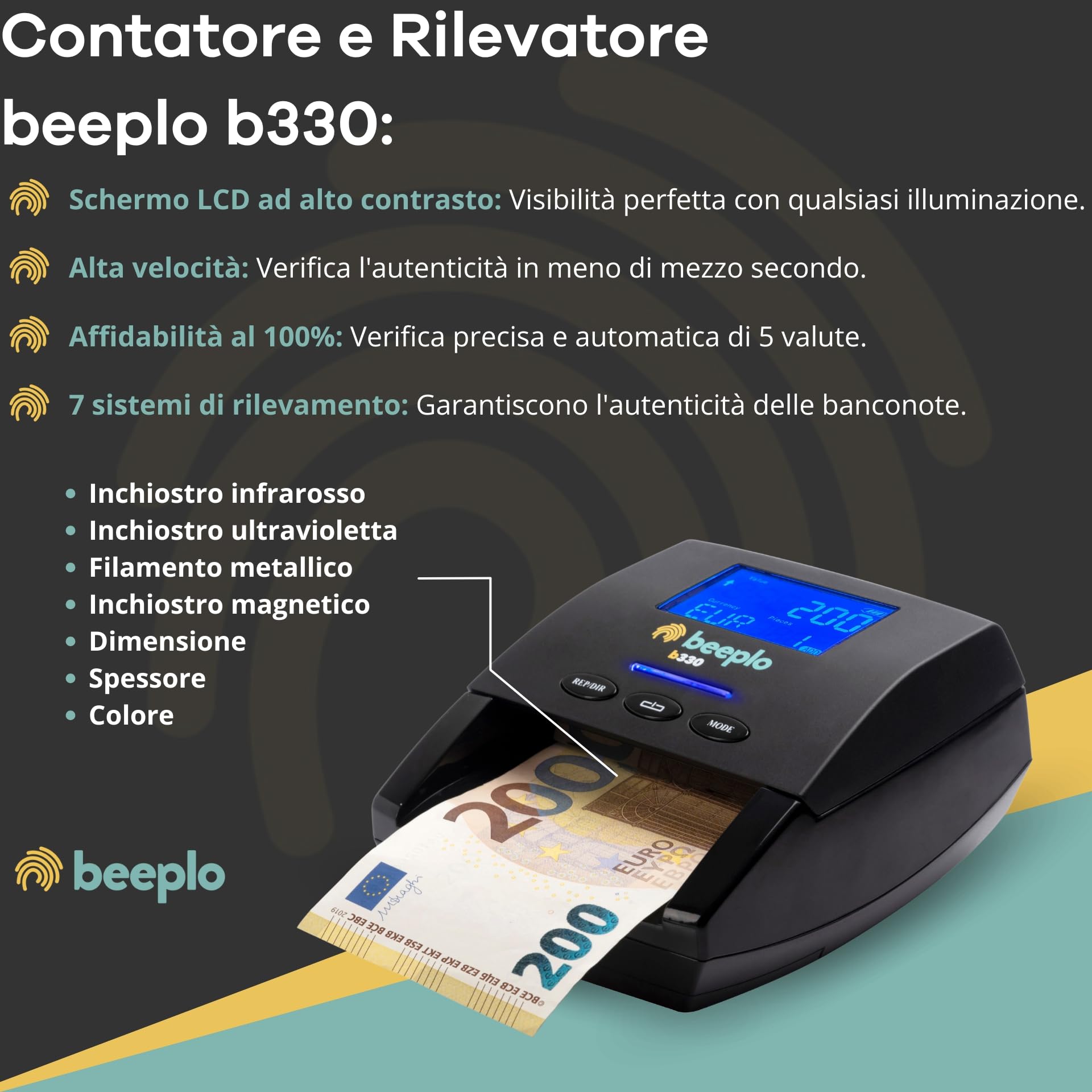 b330 Rivelatore di Banconote False | Detezione 100% Affidabile, Verifica Automatica 5 Valute EUR GBP CHF NOK SEK, Con Batteria + Cavo Aggiornamento