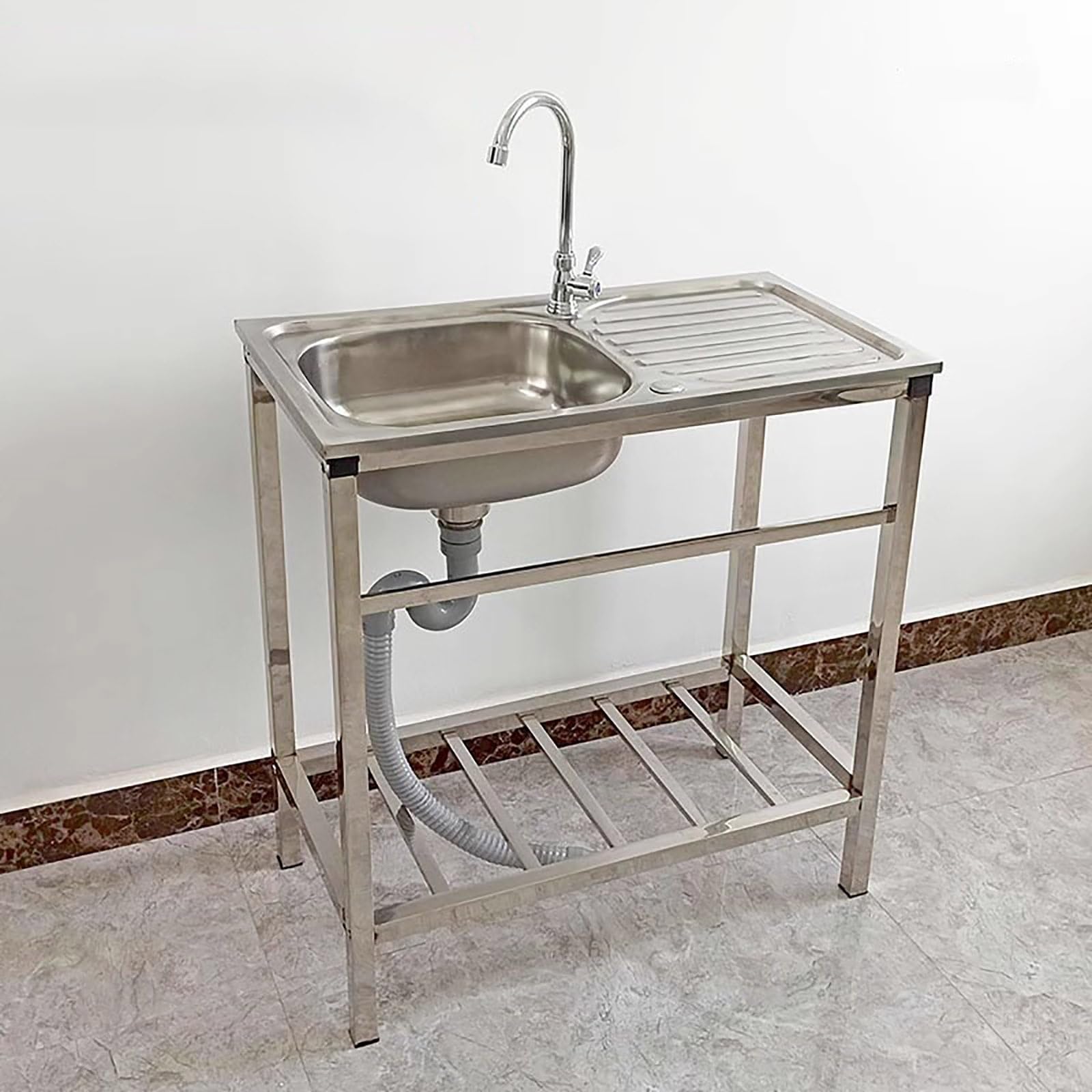 Fregadero Industrial Comercial Con Estante Inferior Independiente Con Encimera Portatil De Acero Inoxidable Camping Con Grifo Para Garaje Restaurante Patio Exterior(Size,75x40xH75cm