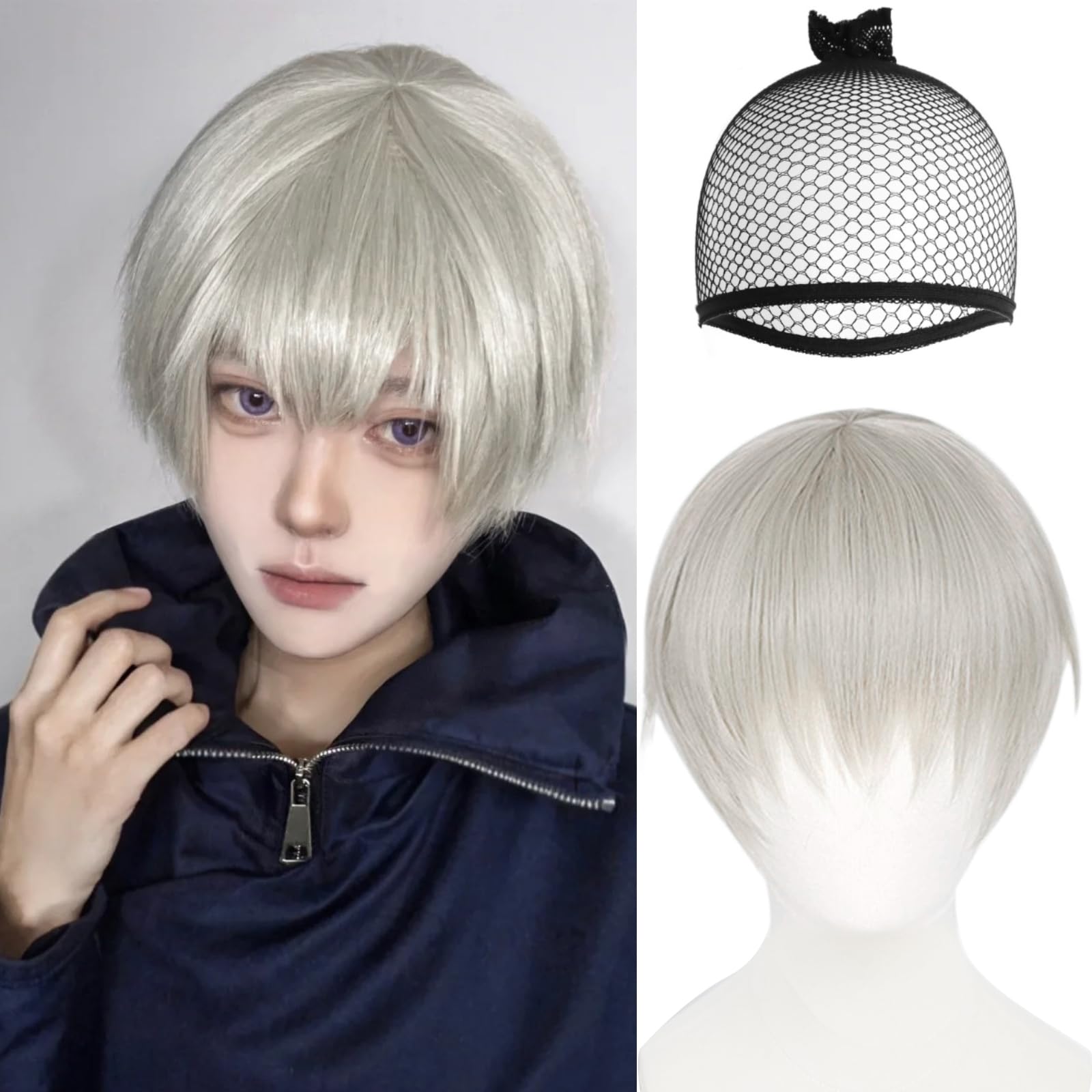 JoneTing JJK Sliver Gray Wig with Bangs【+Hair Cap】 for Men Cosplay Anime Short Hair Grey Wig for Halloween Party Peluca Gris Plata Synthetic Straight