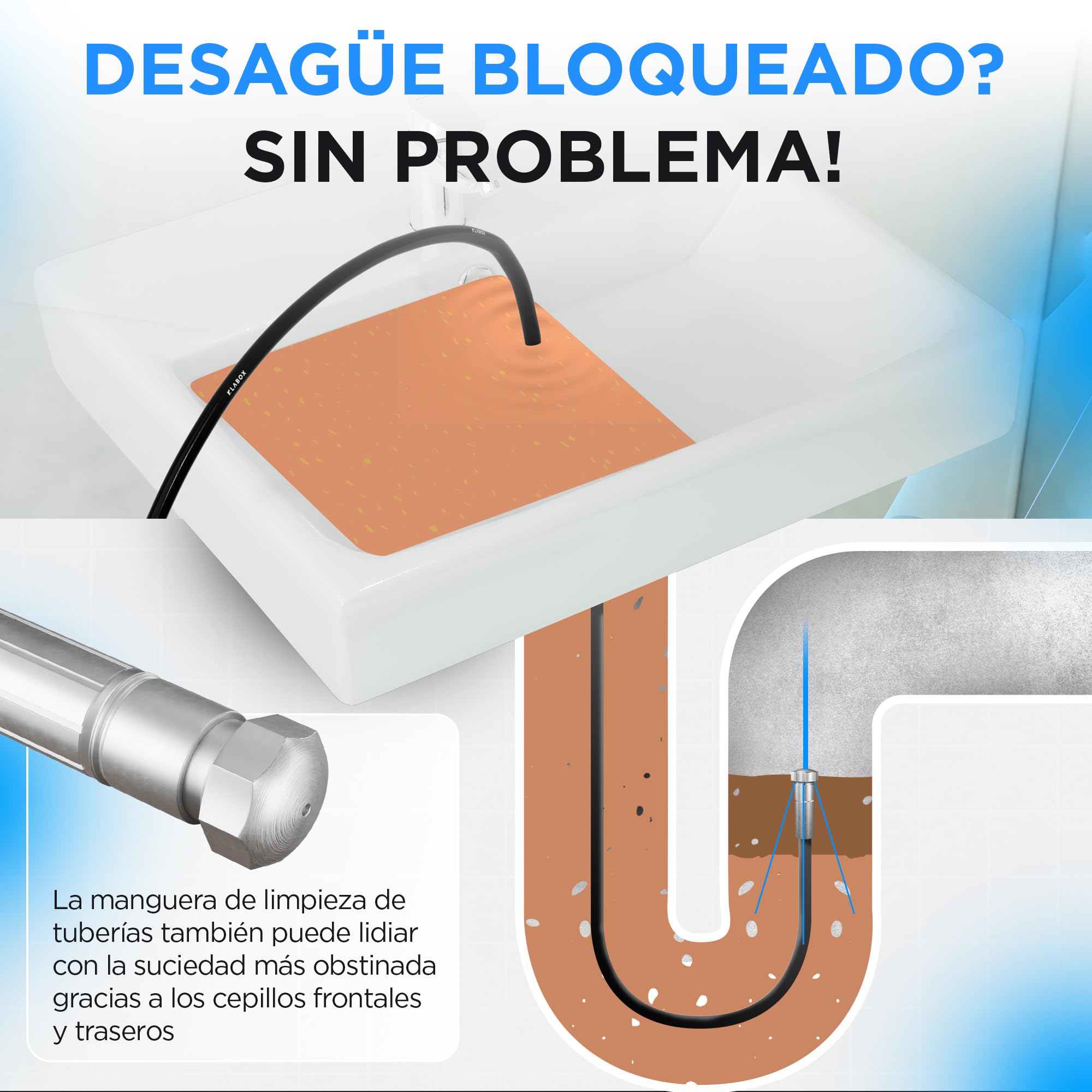Desatascador Tuberias a Presion 15m | Desatascador Karcher compatible con Karcher K2-K7, Lavor, Bosch, Parkside y más Marcas | Incluye 3 Adaptadores, 2 Boquillas, 1 Bolsa y 1 Cinta Teflón