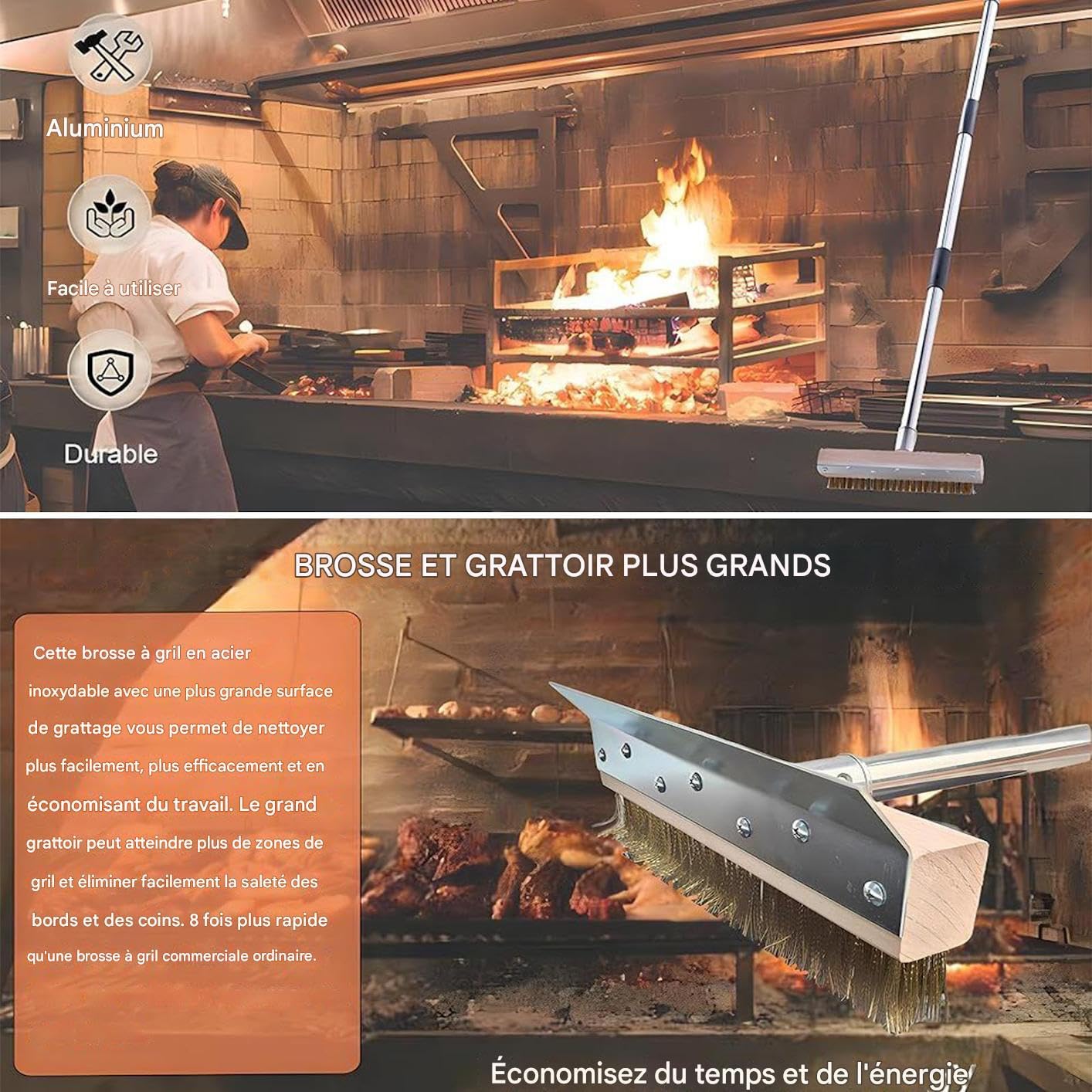 Brosse pour Four À Pizza avec Racloir - Nettoyant pour Pierre À Pizza - Outil Entretien Cuisine