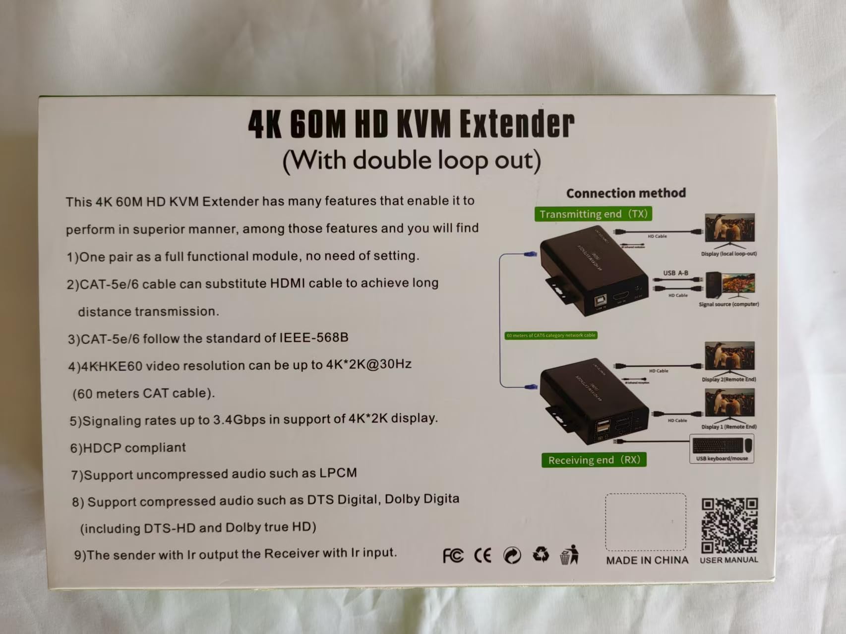 Extendeur KVM HDMI 60M sur Cat5e Cat6 4K30Hz HDMI USB KVM 60m avec fonction de sortie double boucle et extension clavier/souris USB