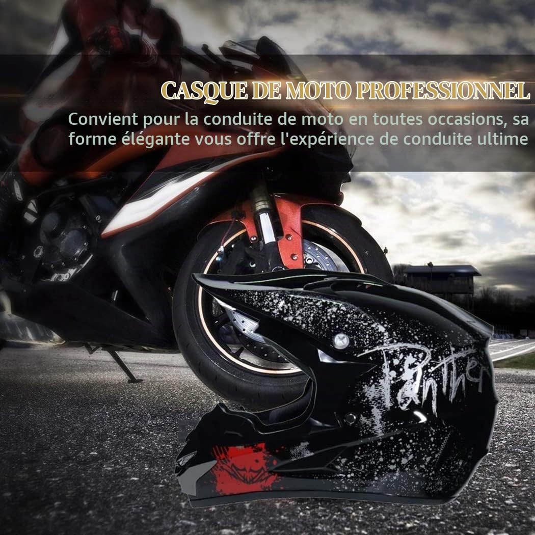 Casque Moto Cross Enfant,Noire Casque VTT Integral Casque Enfant Cross with Lunettes Gants Masque Coupe-Vent VTT Motocross Helmet Certification Dot,Noir