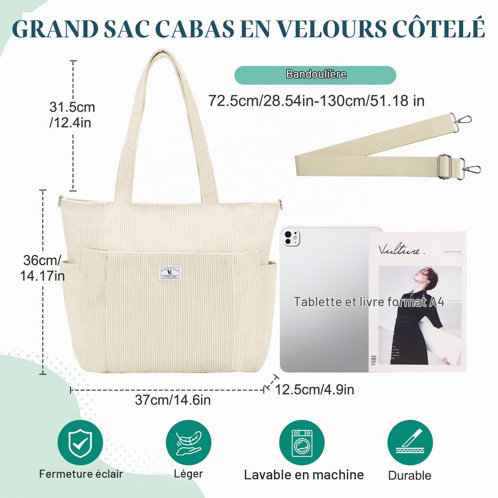 VX VONXURY Sac Cabas Femme Velours Côtelé Sac a Main Femme avec Multi-Poches Sac Bandoulière avec Sangle Réglable pour Travail Voyage Université