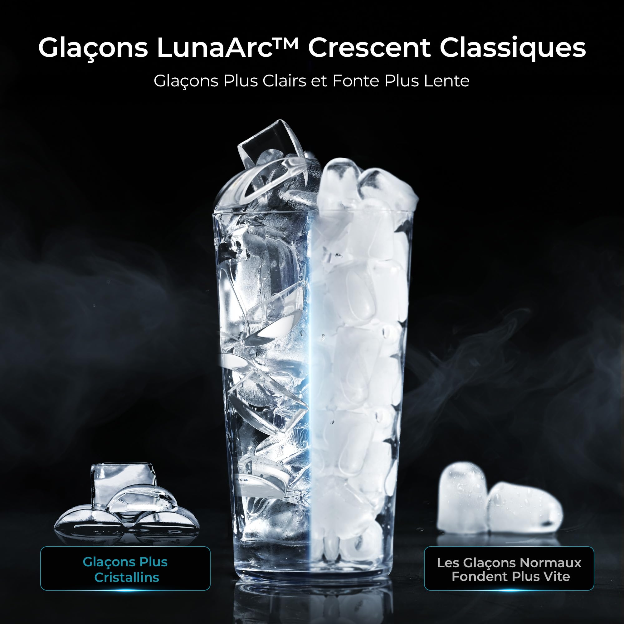 EUHOMY LunaArc Crescent Machine à Glaçons Portable avec Croissant de Cristal 1600 Pièces/Jour Prêt en 12 Minutes Nettoyage Automatique en Profondeur Machine à Glaçons pour Whiskey/Café/Boissons