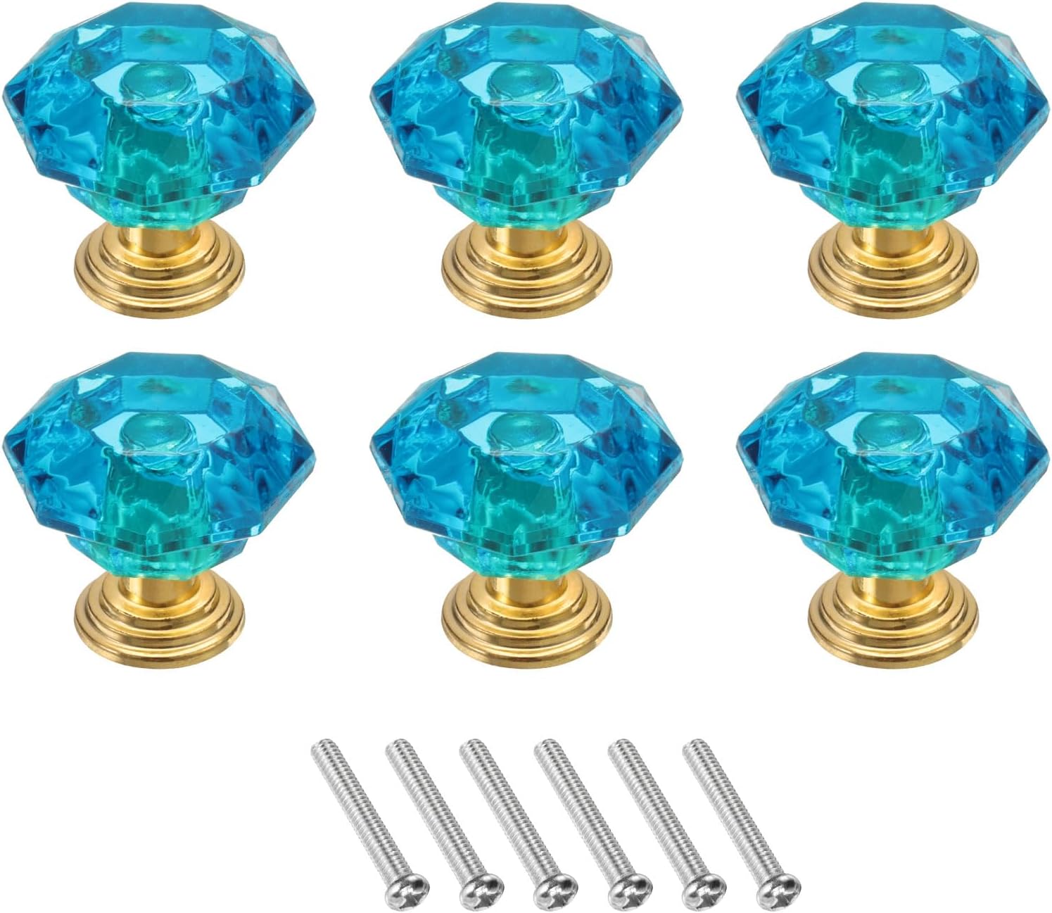 6 Pcs Crystal Cabinet Knobs 24 mm Drawer Pulls Crystal Drawer Knobs for Cabinet, Cupboard, Wardrobe, Dresser, Blue Green/Gold