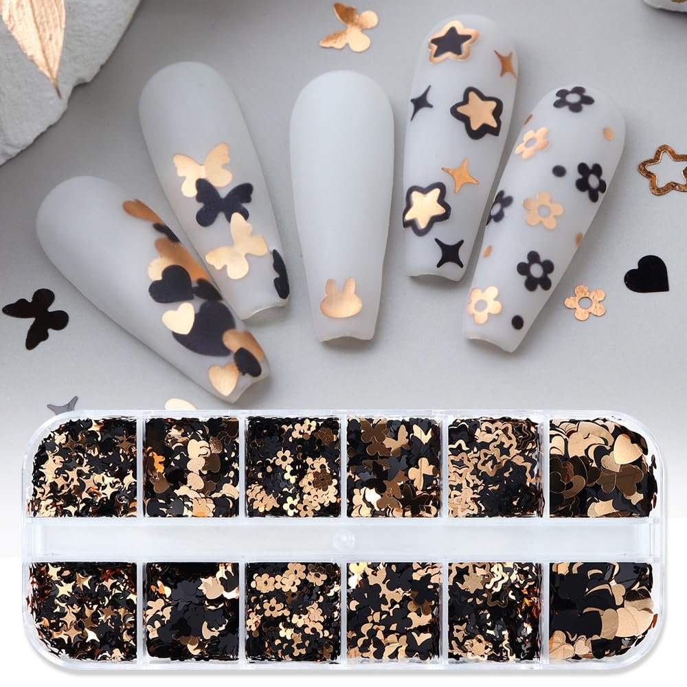 S.A.V.I Ultra-Thin Gold & Black Nail Art Sequins | 12-Grid Box with Butterfly, Heart, Star Designs | DIY Nail Decor for Salon Use | Long-Lasting Metallic Shapes for Stunning Nail Art-image-16