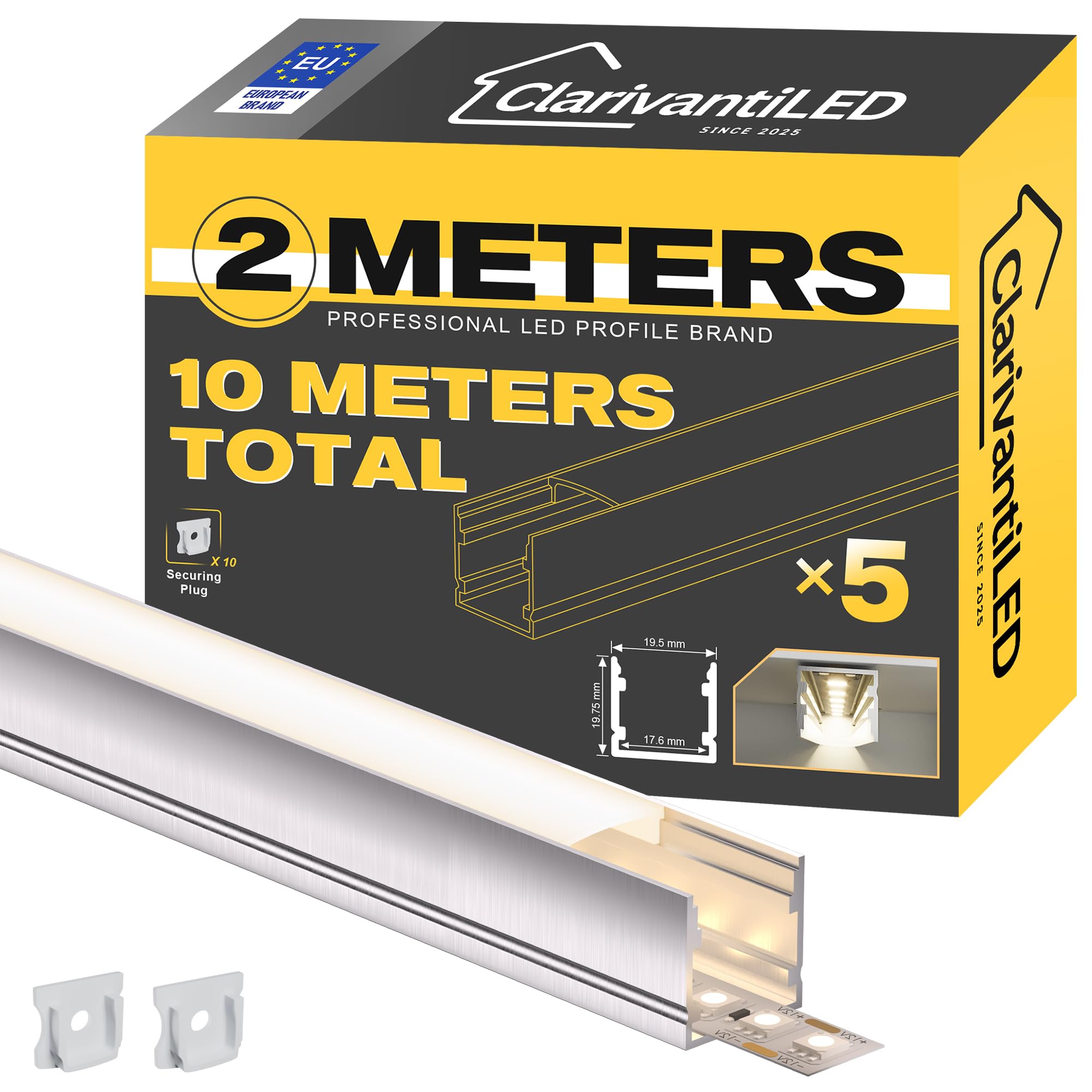 Profil LED w kształcie litery U, 2 m x 5 sztuk (10 m), szyna z anodyzowanego aluminium, kanał na paski do 15 mm, dyfuzor do równomiernego rozprowadzania światła (SP33)
