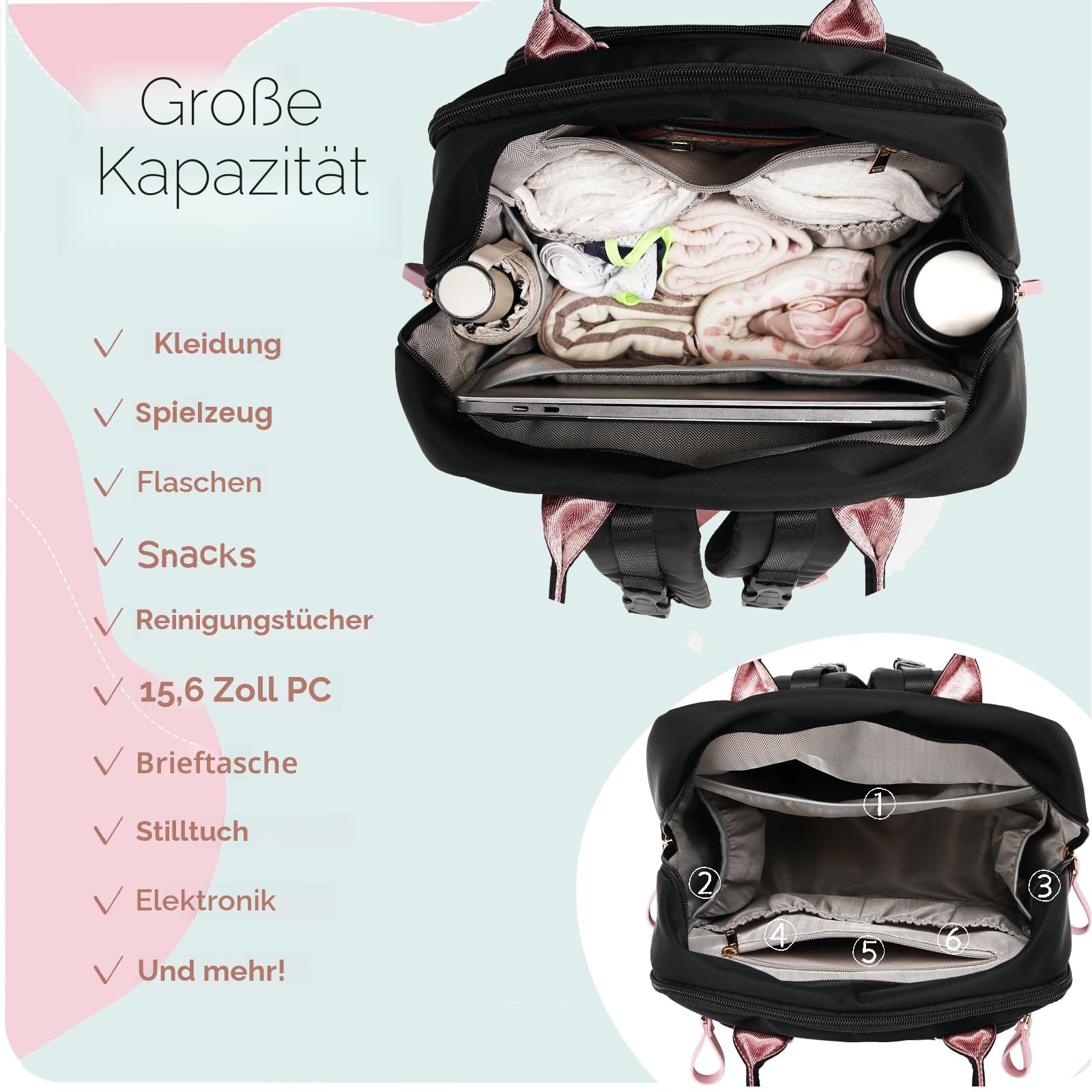 LORADI 18 Taschen Wickeltasche Rucksack Großer Wickelrucksack | Kinderwagen Clips, Gepäckhülse für Reisen, 4 isolierte Taschen, wasserdicht, leicht zu reinigen, langlebig