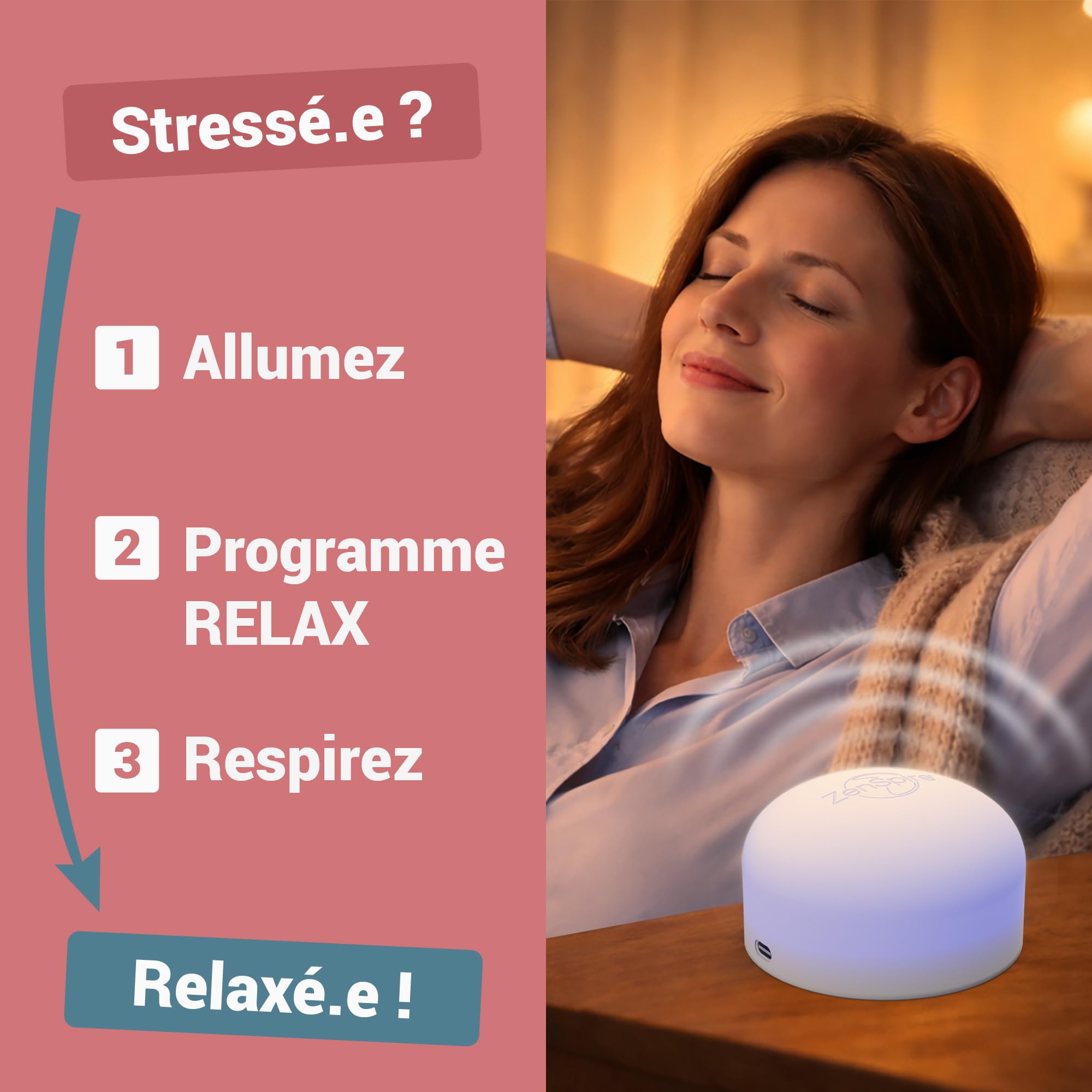Zenspire+ Appareil Anti Stress Relaxation Méditation Dormir Adulte 3 Fonctions Lumière Zen Vibration Son