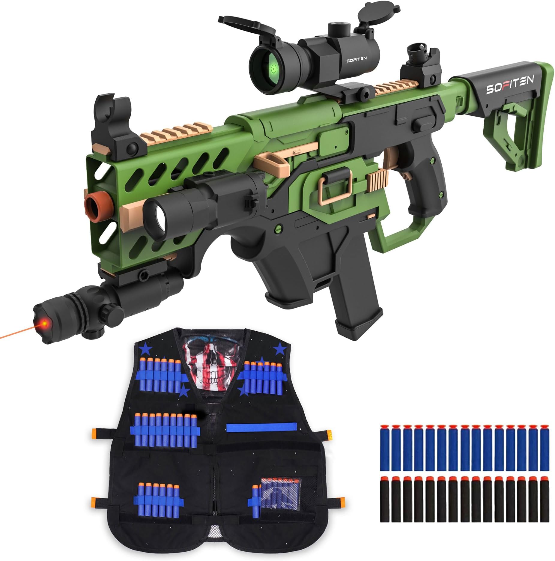 SOFITEN Electric Toy Gun Sniper Rifle Automatic Toy Foam Blaster with Tactical Vest, Scope, Flashlight & 2 Magazines – 120 Soft Darts, Foldable Stock, Indoor Outdoor Shooting Game Birthday Xmas Gifts