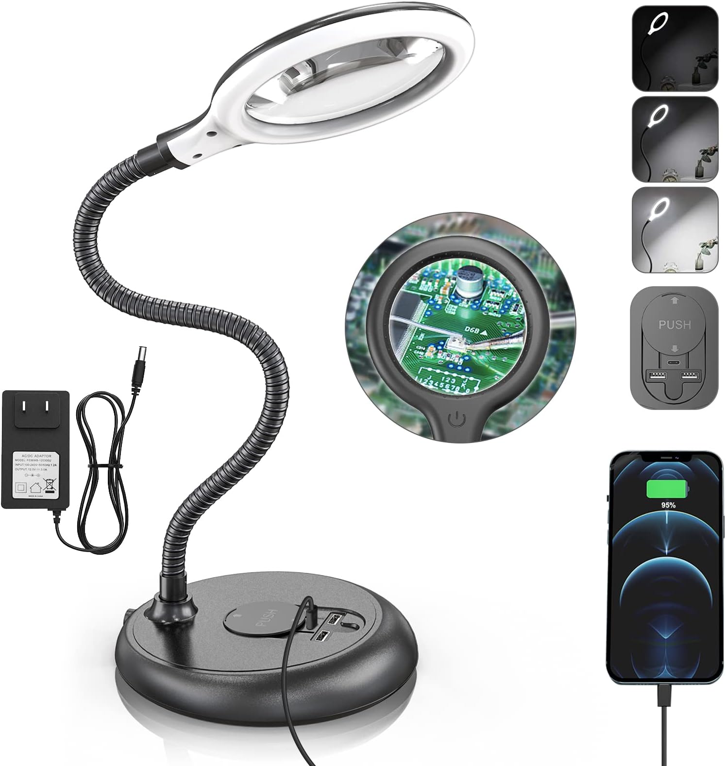 3 in 1 Lighted Magnifying Glass and Stand, Demao 5X Dimmable Magnifying Lamp with Light, Hand Free Desk Magnifying Glass with Light Close Work Hobby Standing Lighted Magnifier