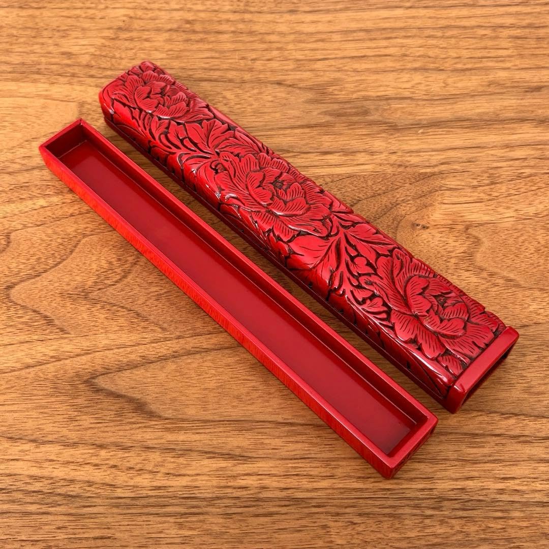 村上堆朱　筆入れ　箸箱　小物入れ　ケース Amazon.co.jp: 村上堆朱 箸箱 一膳用 牡丹の花 朱色 赤 伝統工芸 木彫