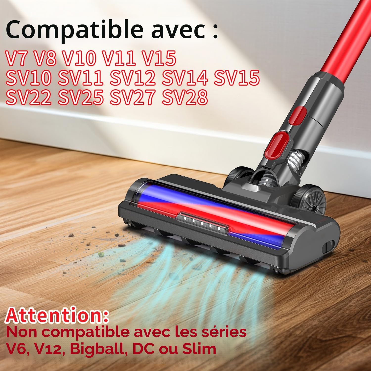 Brosse avec rouleau doux pour Dyson V7 V8 V10 V11 V15 Embout de sol de rechange Rouleau doux de rechange Feux avant pour sols durs comme le parquet, les sols en bois, le stratifié, les carreaux