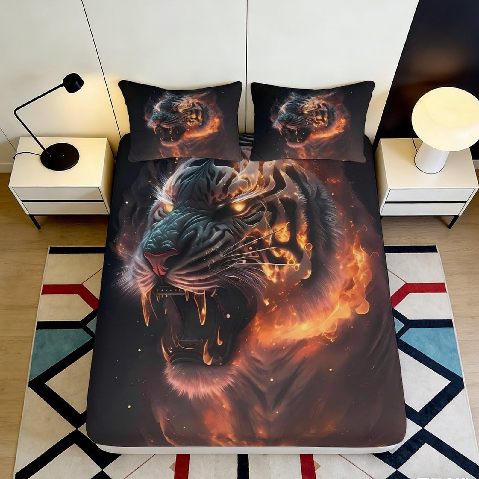 3D Printed Fiery Tiger Fitted Sheet Microfiber Soft Breathable Roaring Flame Bed Sheet for Bedroom Dormitory Guest Room Mattress Protection Decor 180x200x25cm