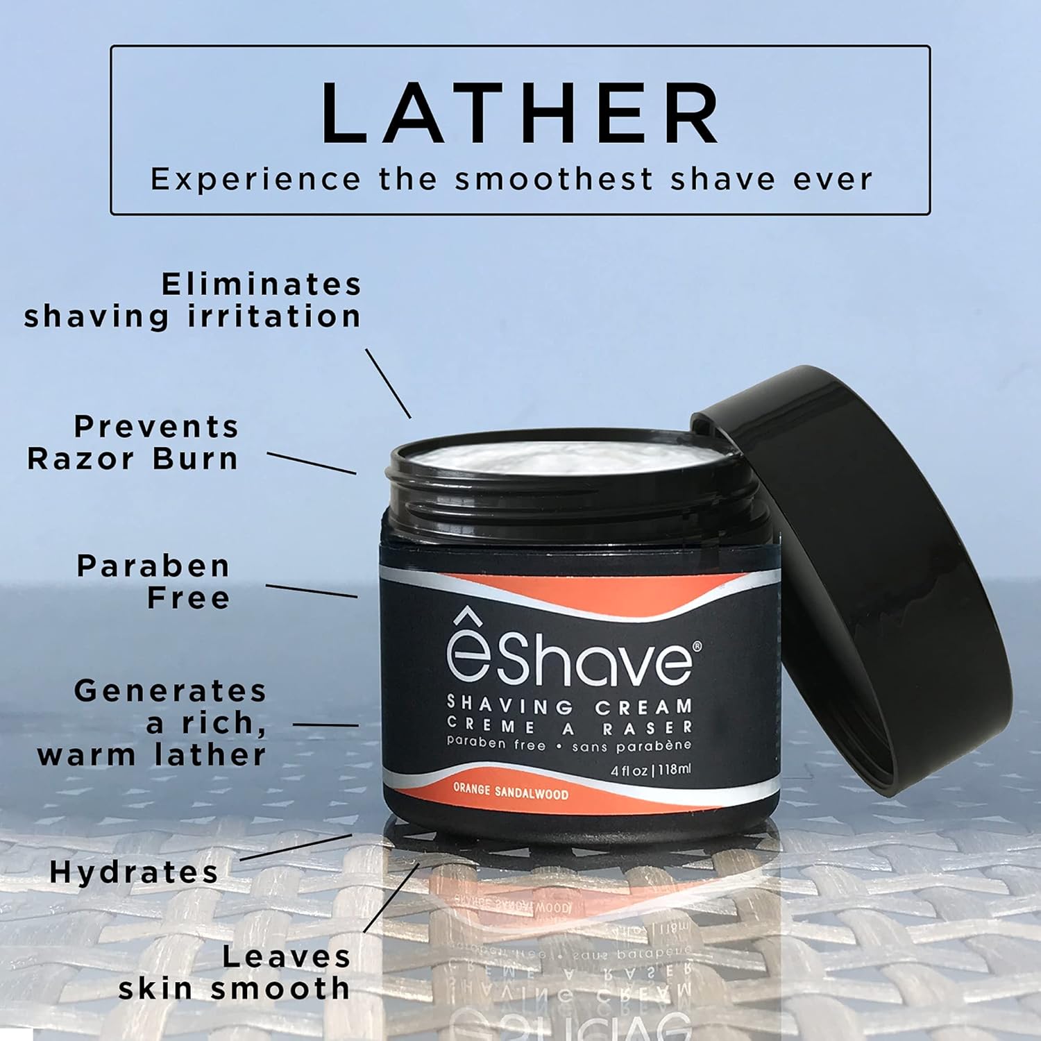 eShave Shaving Cream for Men, Orange Sandalwood, prevents shaving irritation and razor burn, generates a rich lather for a soft, silky, Smoothest shave