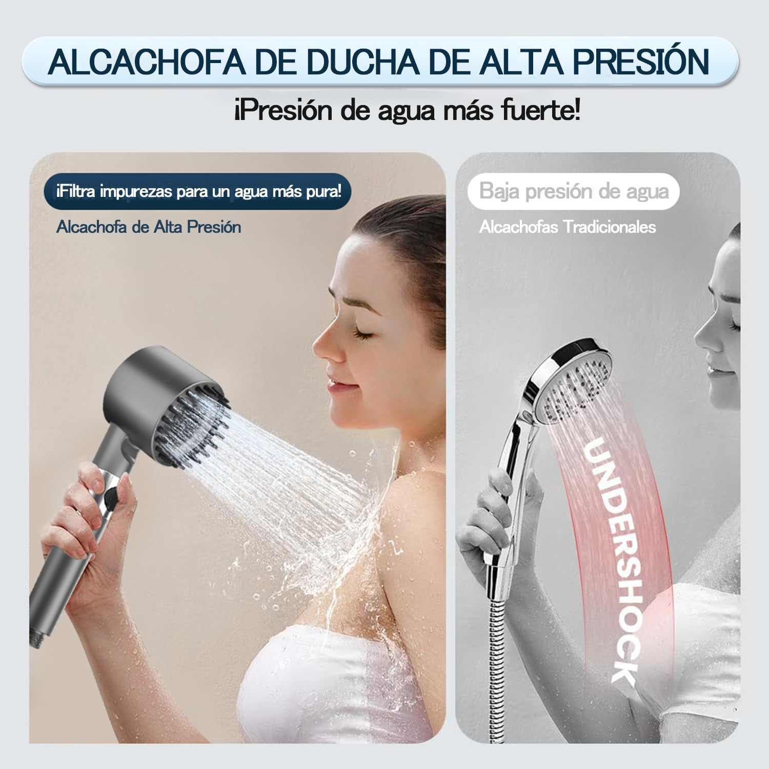 Alcachofa de Ducha de Alta Presión,Incluye manguera de1,5metros y soporte,4 modos, Alcachofa de ducha economizadora con filtro y botón de OFF/ON, Ideal para Aguas Duras y Limpieza del Baño,Grey — view 3