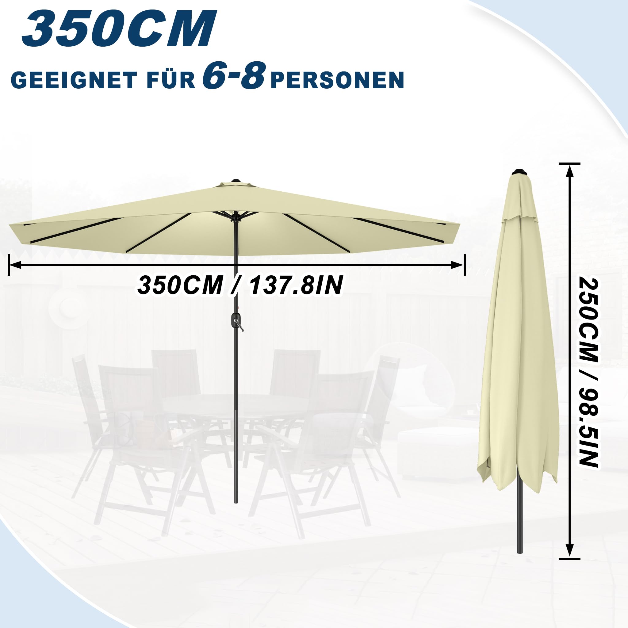 Froadp Ø350cm Sombrilla de Jardín de Protección UV, Paragua de Playa Octogonal con Mango, Equipo Portátil de Sombreado para Exteriores para Balcón Terraza Piscina Patio (Beige)