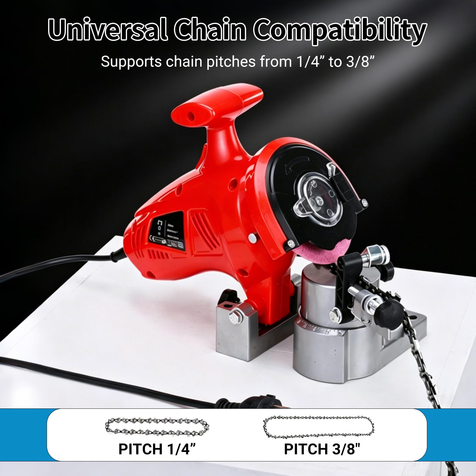 Afilador de motosierra eléctrico, afilador de cadena de sierra portátil de banco de 250 W con ángulo ajustable, amoladora de cadena de alta velocidad de 8400 rpm, afilador rojo resistente para cadenas