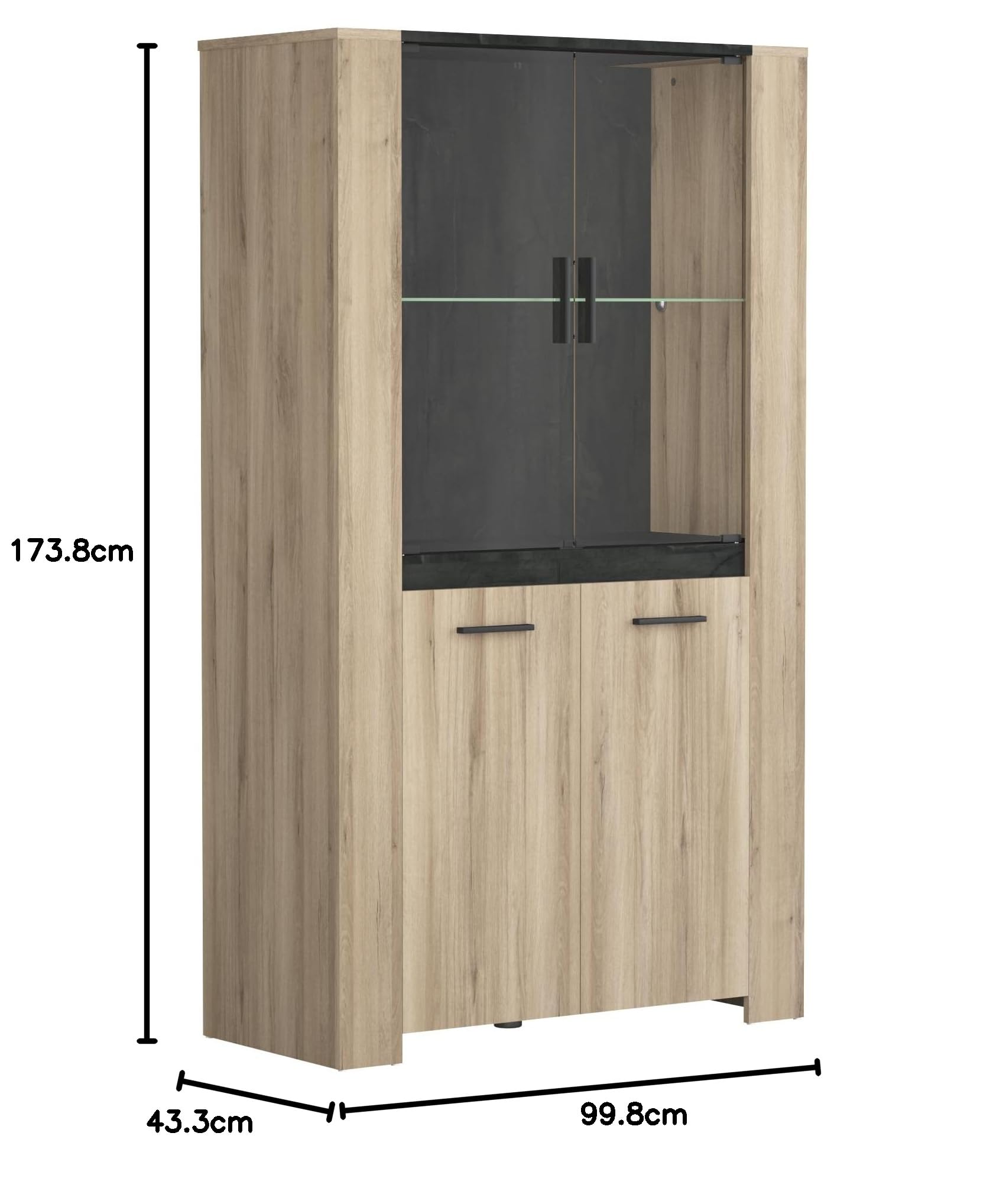 Vaisselier Vitrine Industriel En Bois 2 Portes Vitrées & 2 Portes – Coloris Chêne et Gris Foncé Martelé - 99,8x43,3x73,8 cm