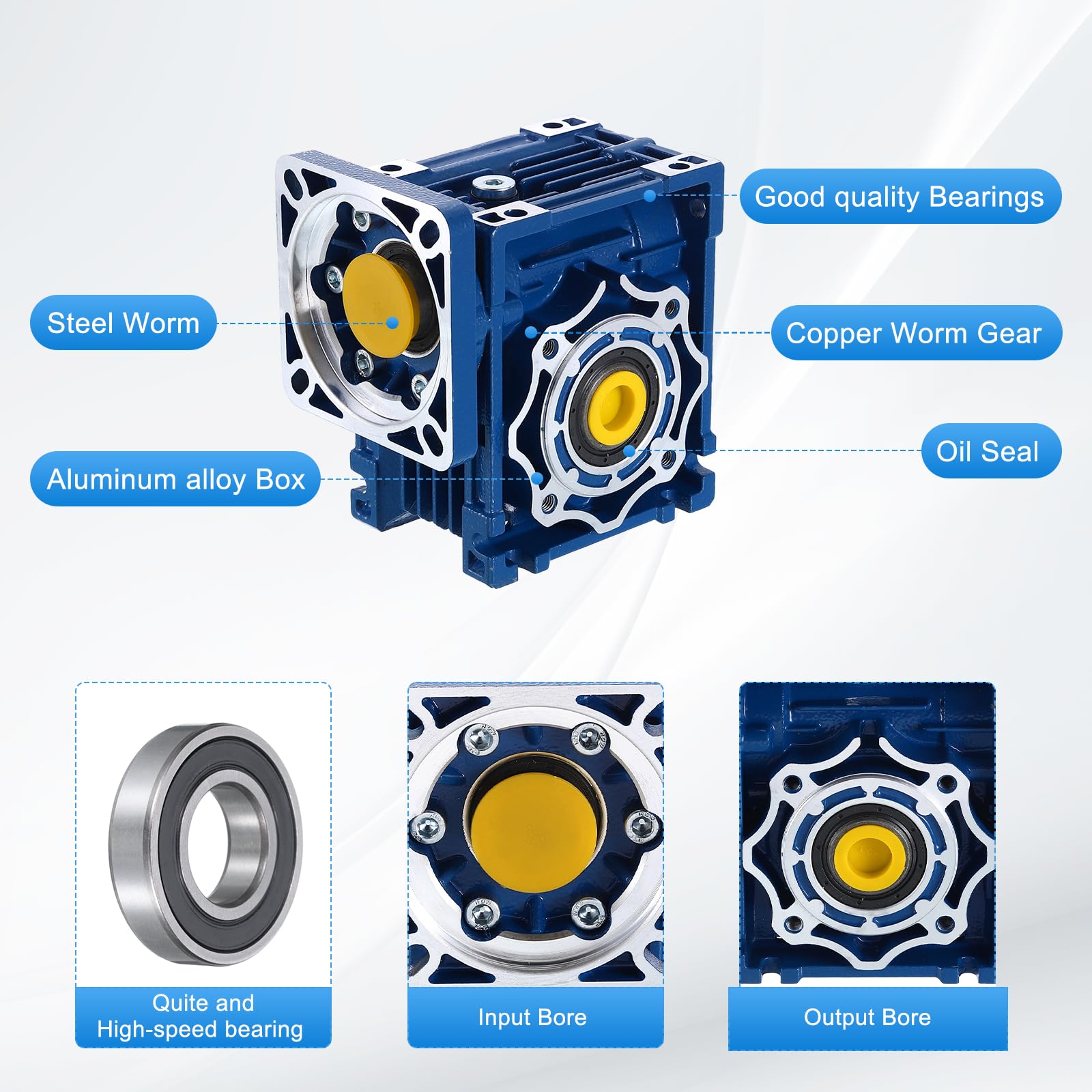 QUARKZMAN NMRV040 Riduttore A Verme Rapporto 40:1 Albero Di Uscita 18mm Riduttore Di Velocità Ad Alta Coppia Per Motore Servo Nema34/Motore Passo Passo Nema34 Blu